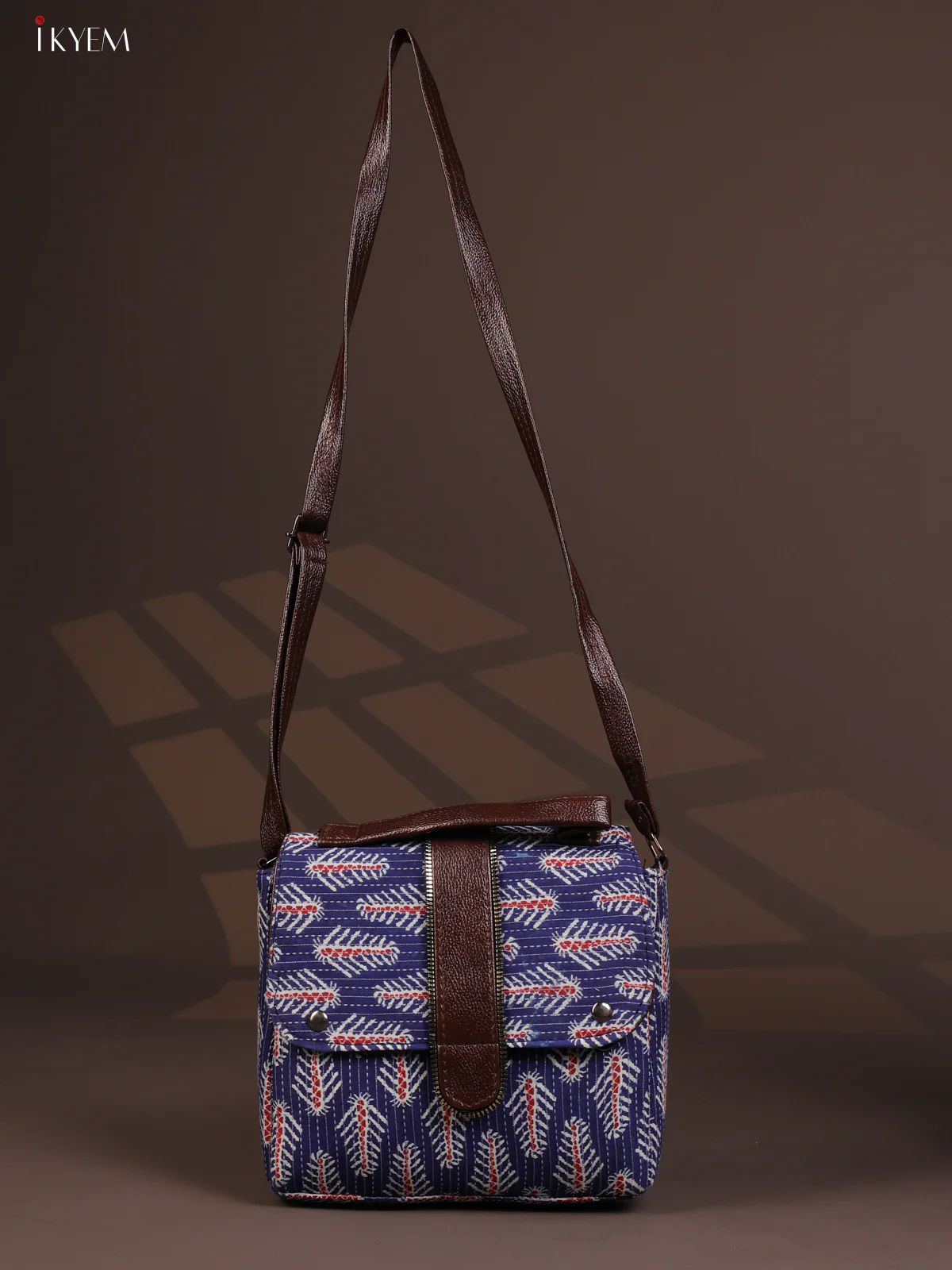 Ikat Leather Sling Bag with 3 Compartments - Indigo Blue - KD26805 - Image 4
