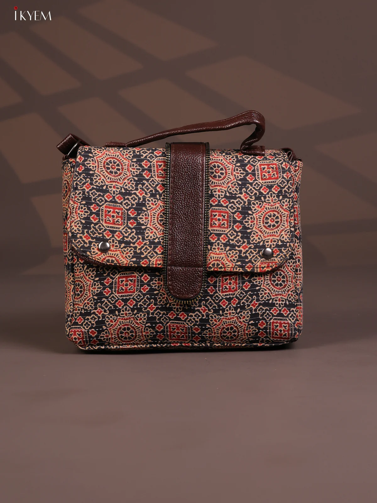 Ajrakh Pattern Leather Flap Sling Bag with 3 Compartments - Black with Red - KD26811
