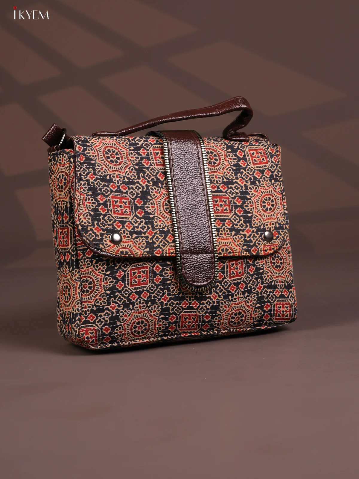 Ajrakh Pattern Leather Flap Sling Bag with 3 Compartments - Black with Red - KD26811 - Image 2