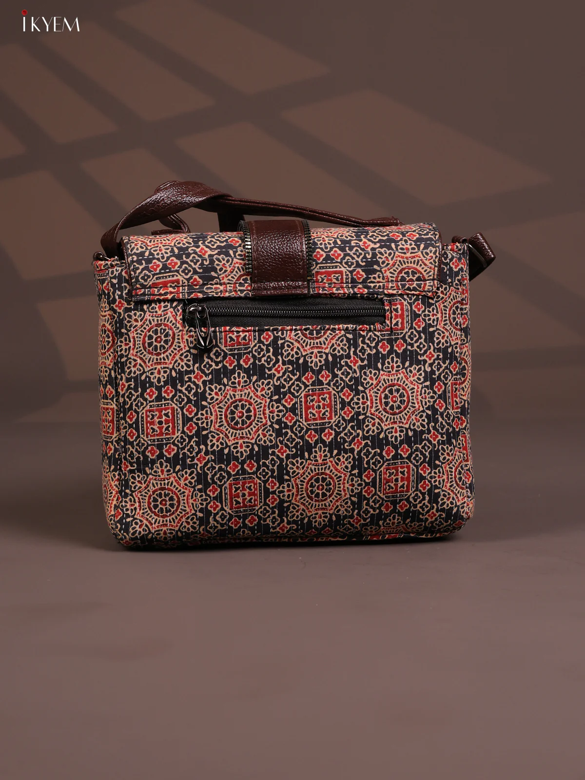 Ajrakh Pattern Leather Flap Sling Bag with 3 Compartments - Black with Red - KD26811 - Image 3