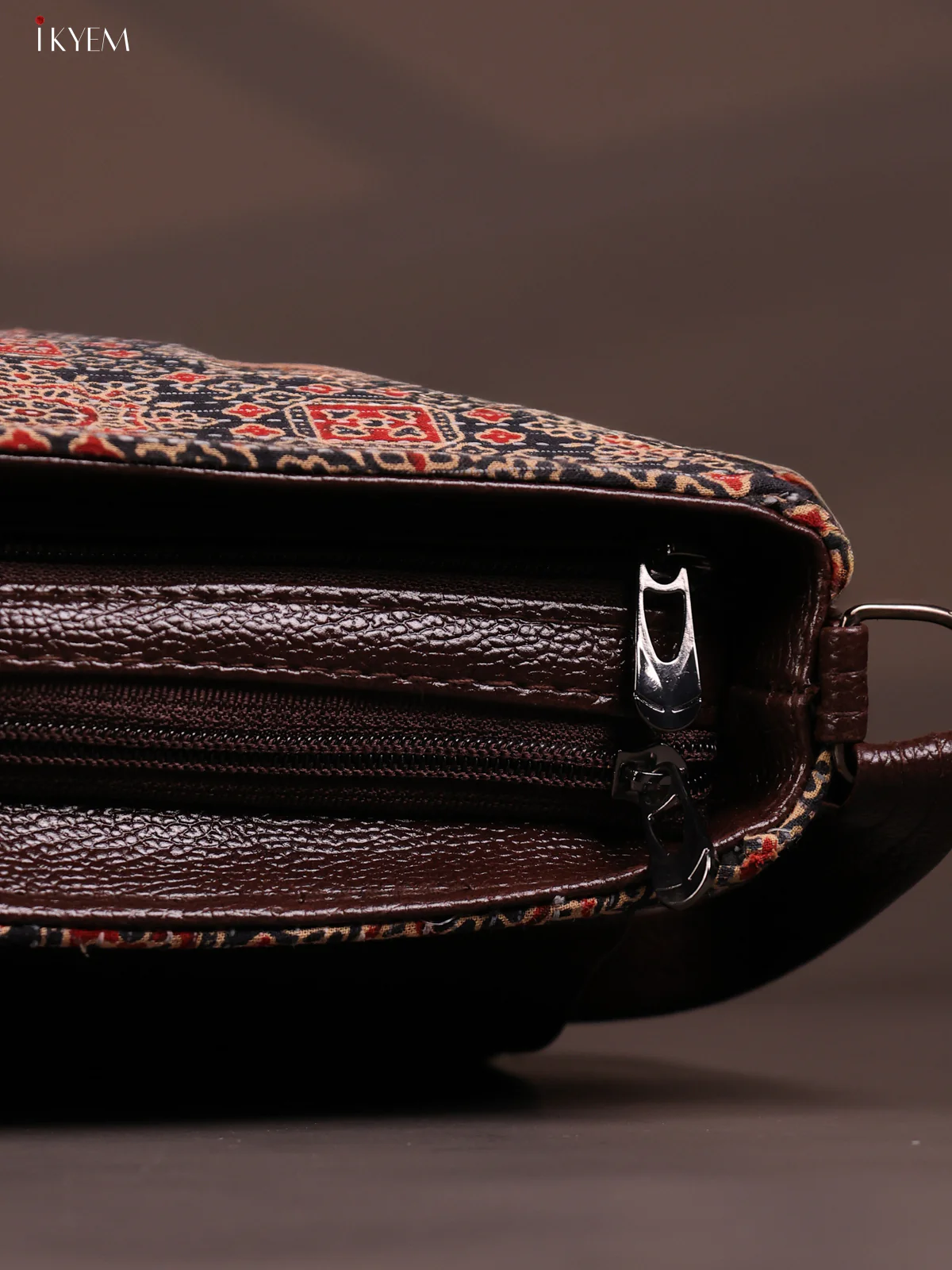 Ajrakh Pattern Leather Flap Sling Bag with 3 Compartments - Black with Red - KD26811 - Image 5