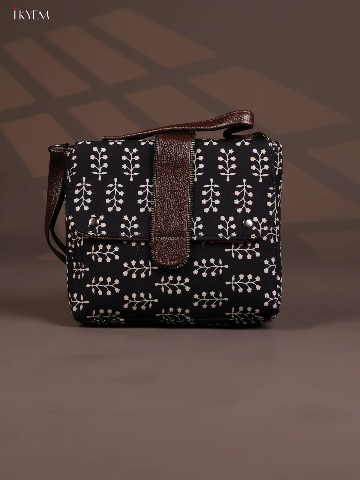 Floral Pattern Leather Flap Sling Bag with 3 Compartments - Black with White - KD26812