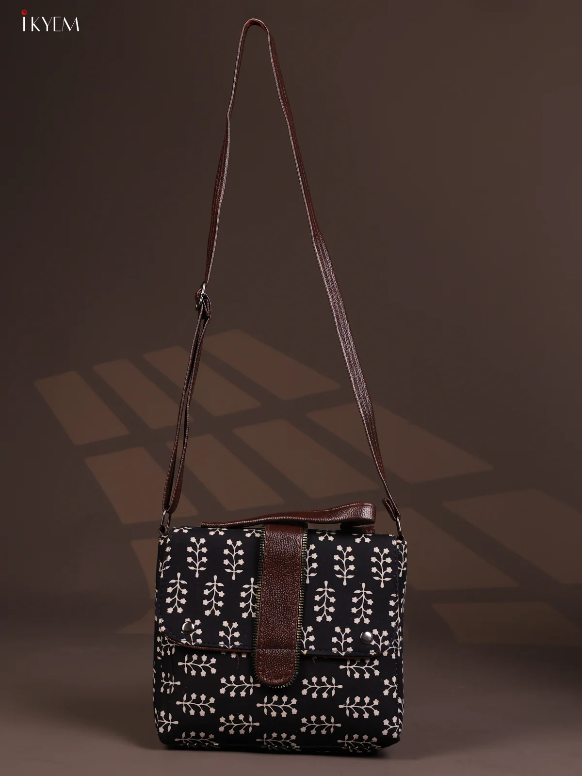 Floral Pattern Leather Flap Sling Bag with 3 Compartments - Black with White - KD26812 - Image 4