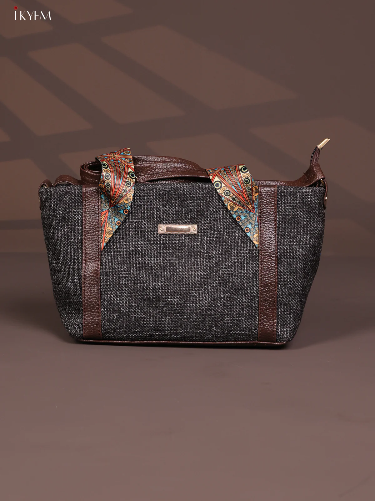 Jute Printed Handle with Leather Sling Handbag - Grey - KD26827