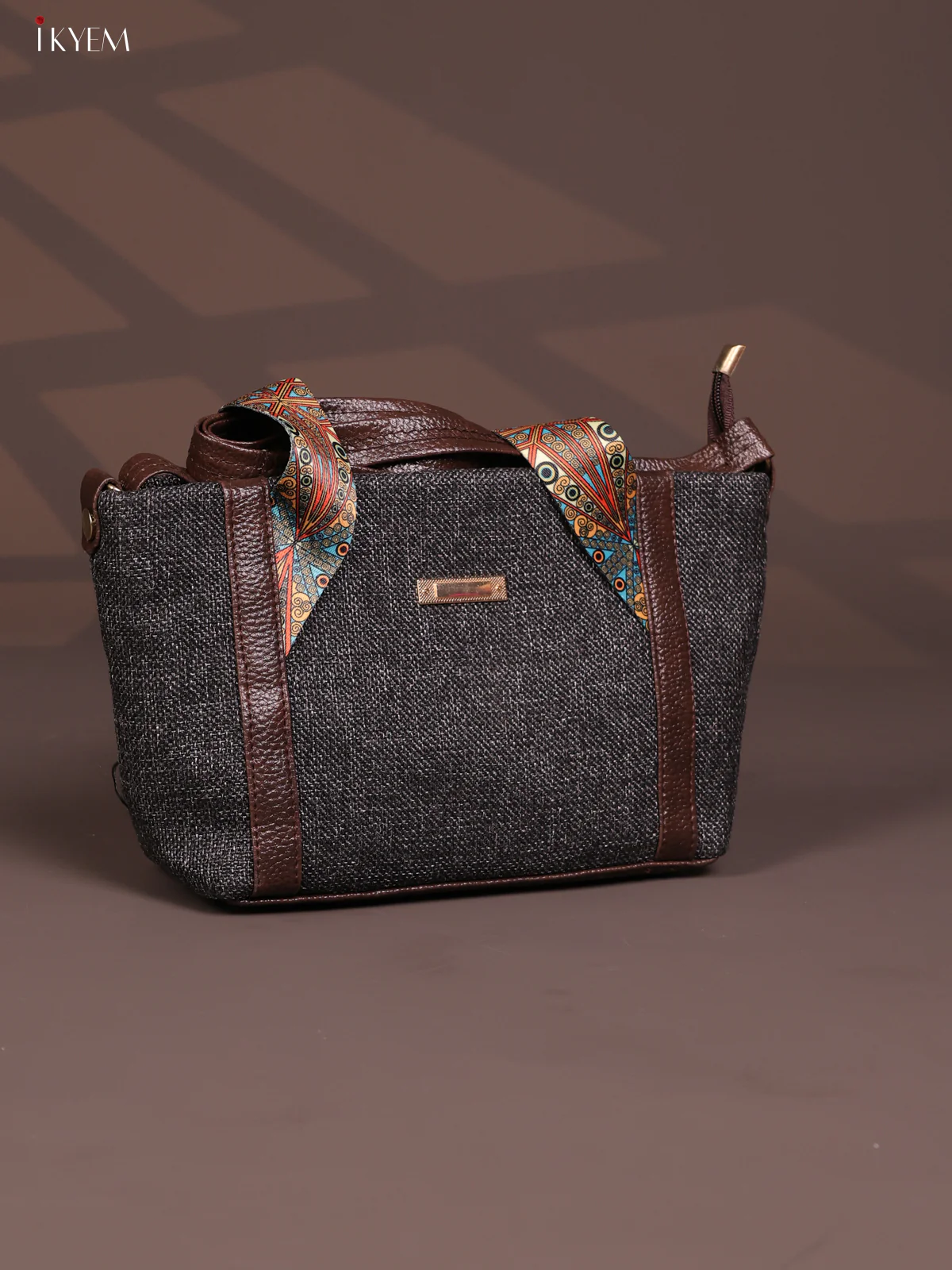 Jute Printed Handle with Leather Sling Handbag - Grey - KD26827 - Image 2