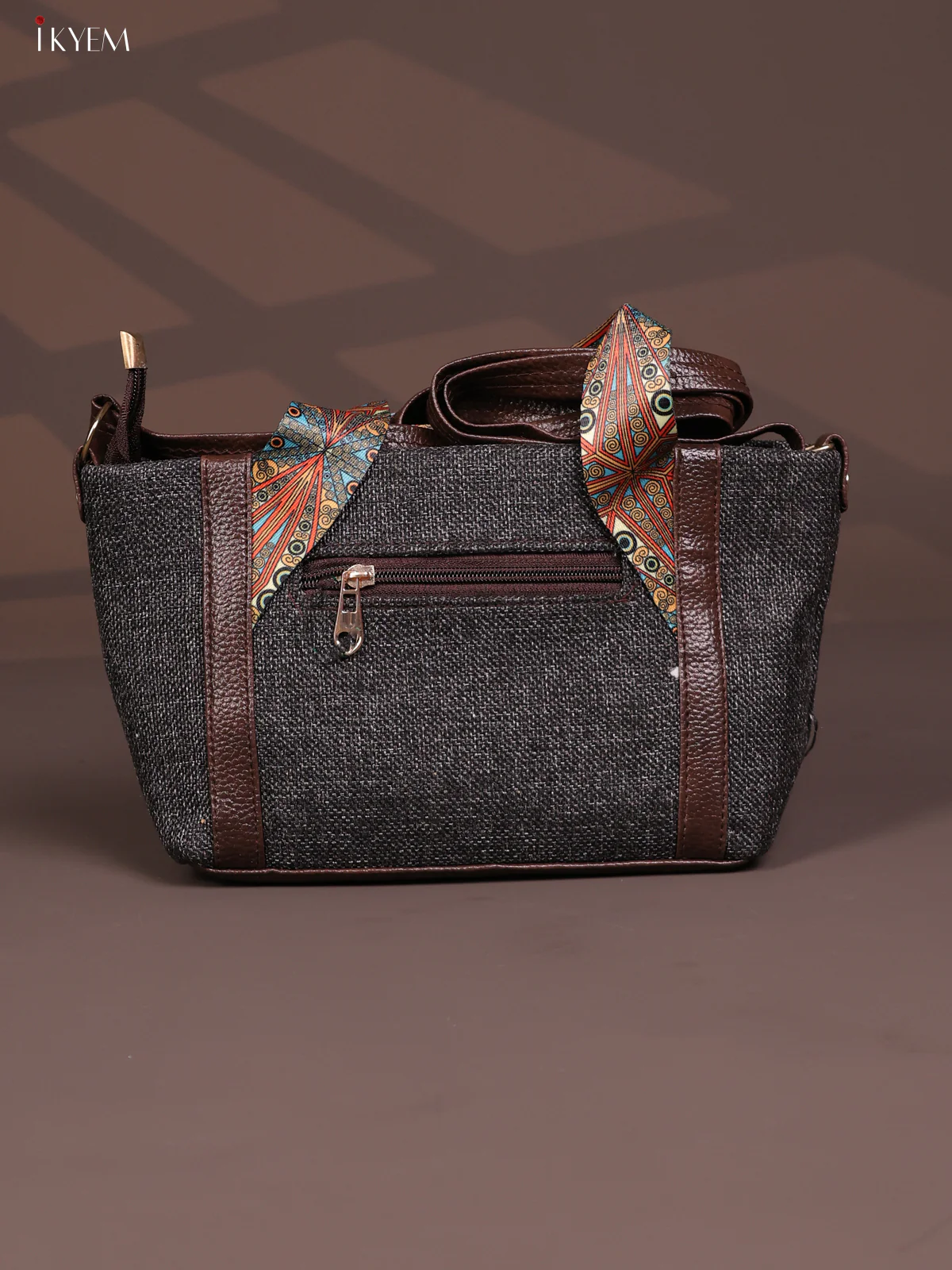 Jute Printed Handle with Leather Sling Handbag - Grey - KD26827 - Image 3