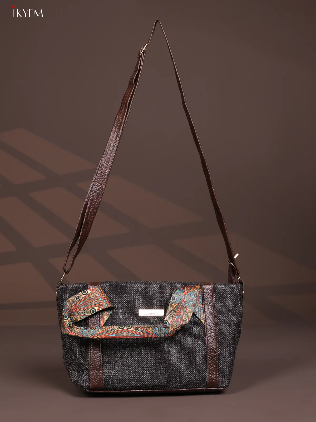 Jute Printed Handle with Leather Sling Handbag - Grey - KD26827 - Image 4