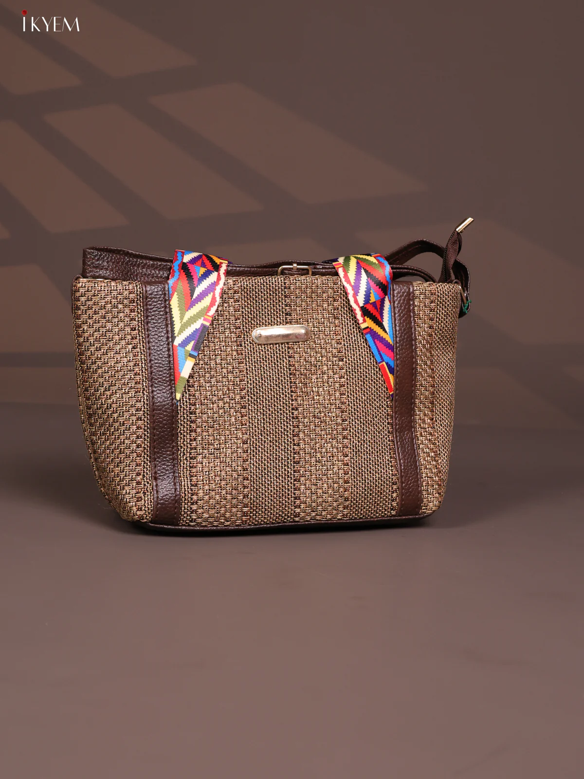 Jute Printed Handle with Leather Sling Handbag - Brown - KD26830 - Image 2
