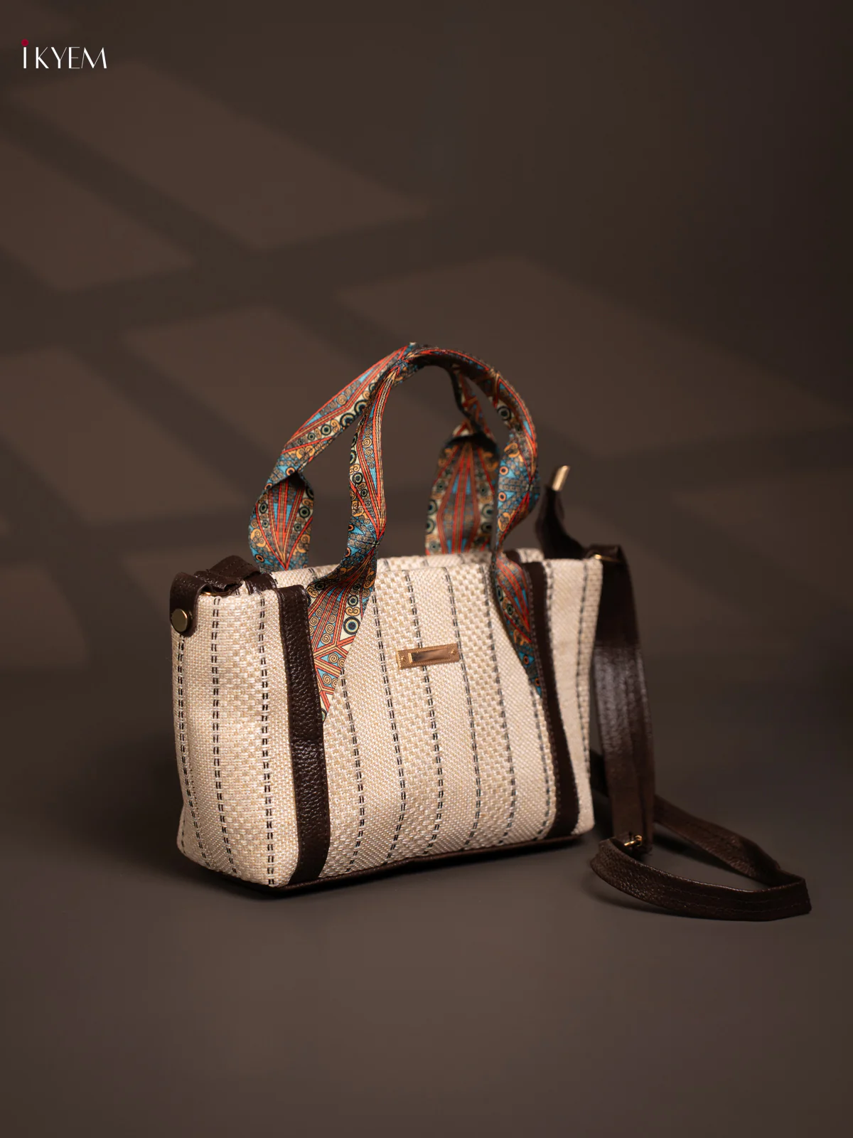 Jacquard Printed Handle with Leather Sling Bag - White - KD26831