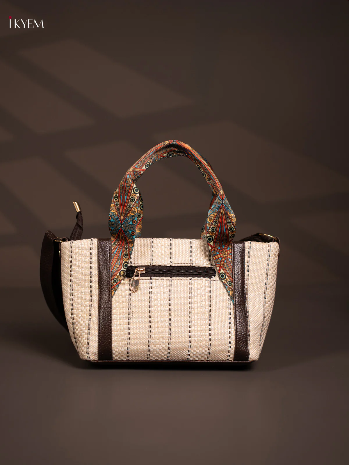 Jacquard Printed Handle with Leather Sling Bag - White - KD26831 - Image 2