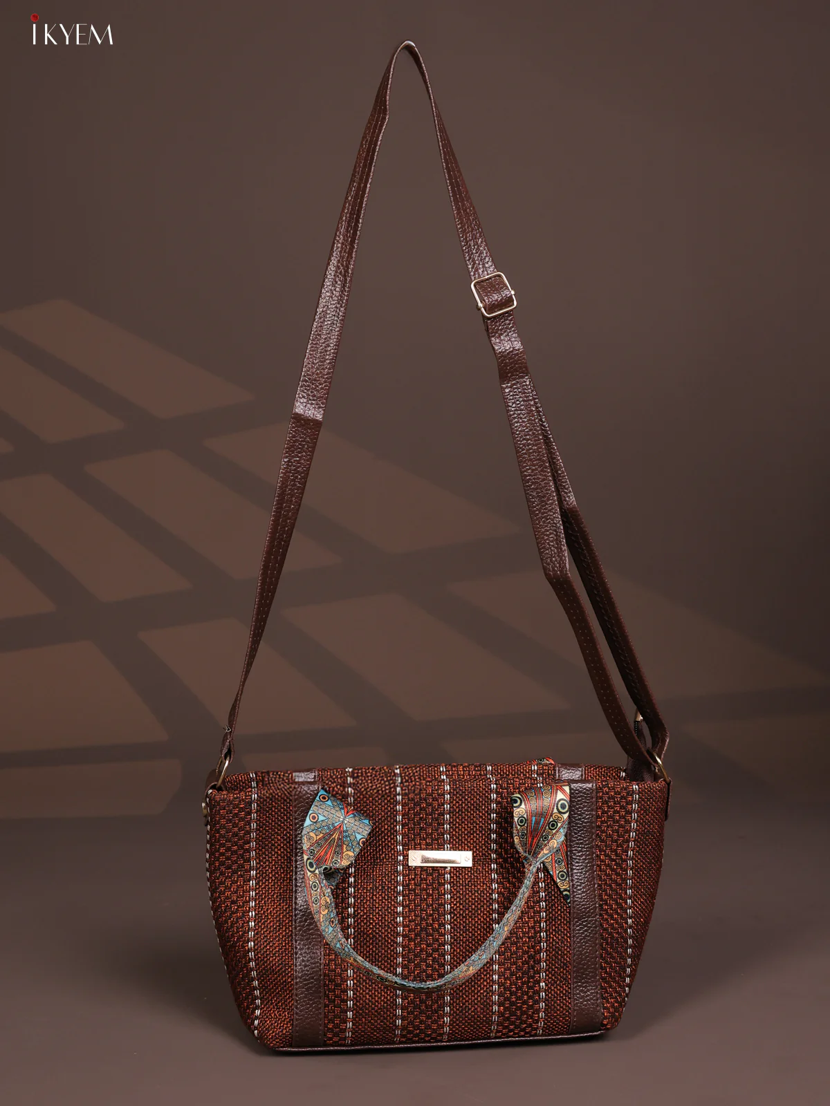 Jacquard Printed Handle with Leather Sling Bag - Coffee Brown - KD26832 - Image 4