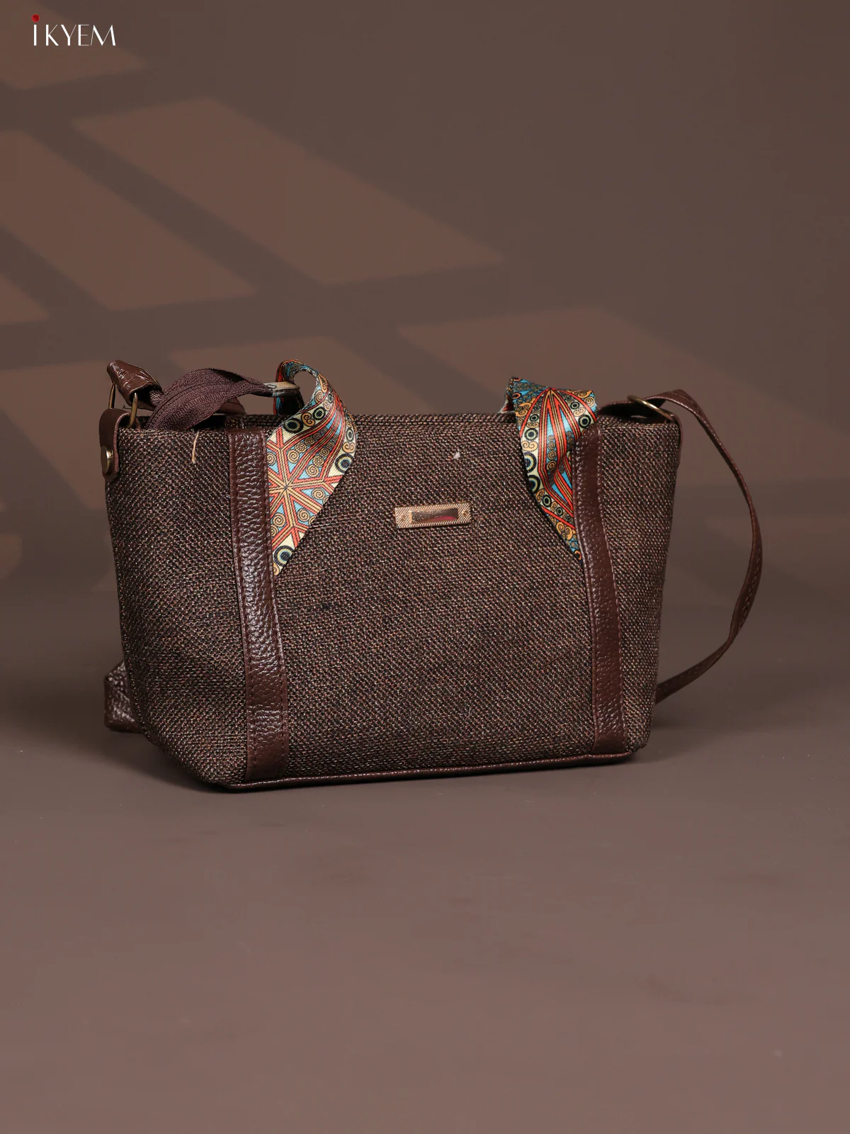 Jacquard Printed Handle with Leather Sling Bag - Dark Brown - KD26833 - Image 2