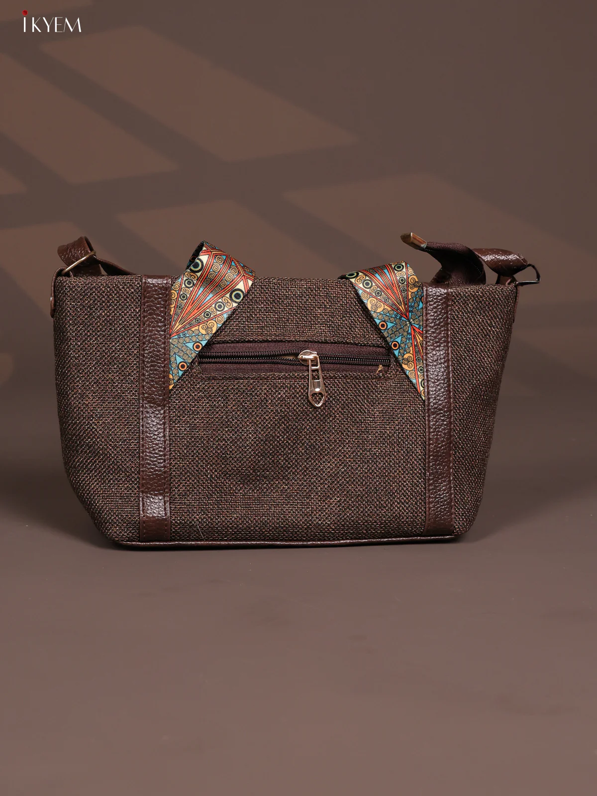 Jacquard Printed Handle with Leather Sling Bag - Dark Brown - KD26833 - Image 3