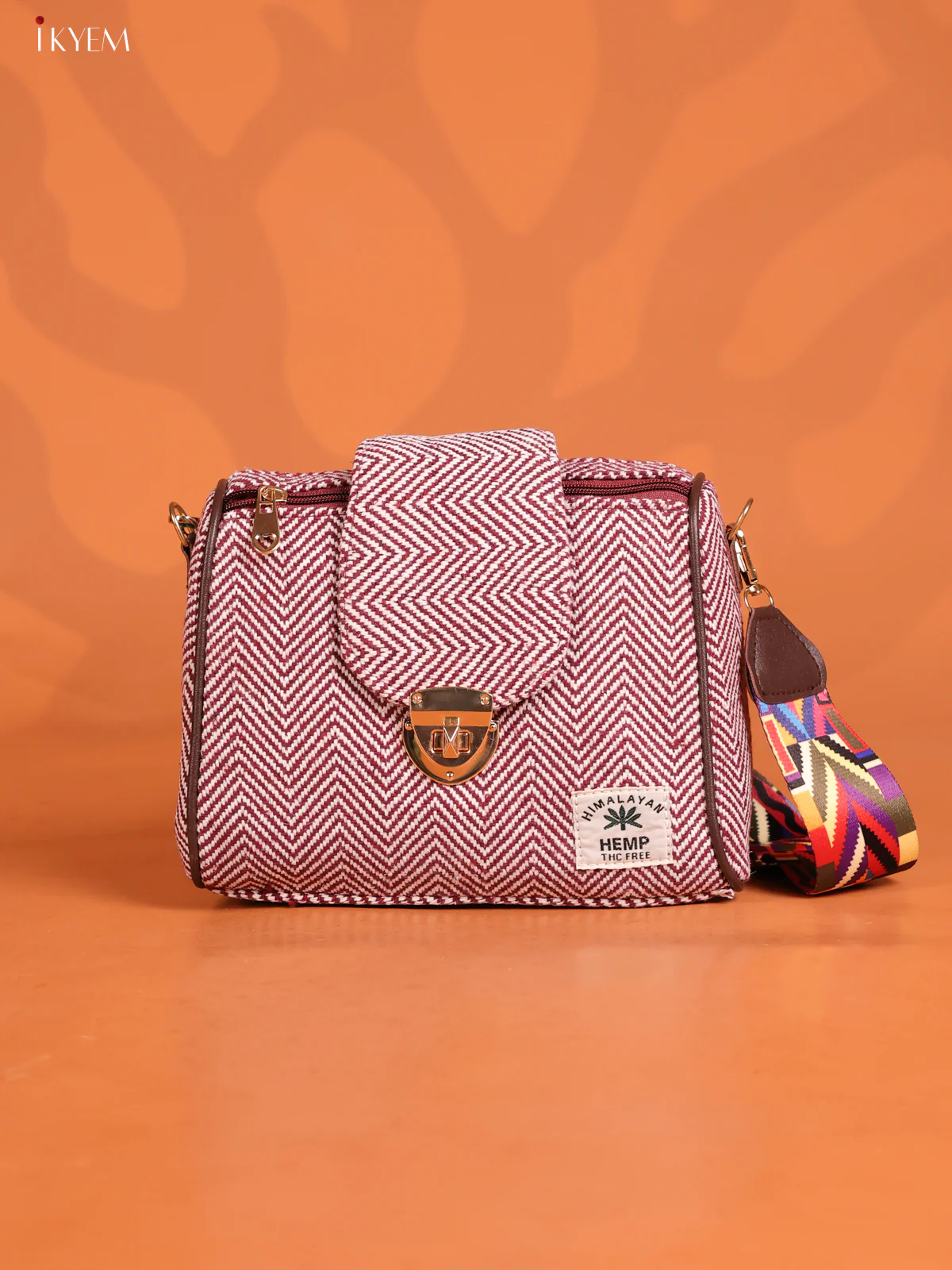 Jacquard Zigzag Pattern Leather Sling Bag Gusset & Flap with 3 compartments -Maroon - KD26838