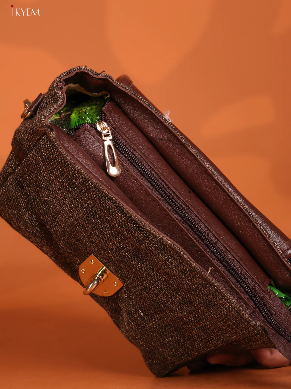 Jacquard Gusset & Flap Printed Sling bag with 2 Compartments - Brown - KD26841 - Image 3