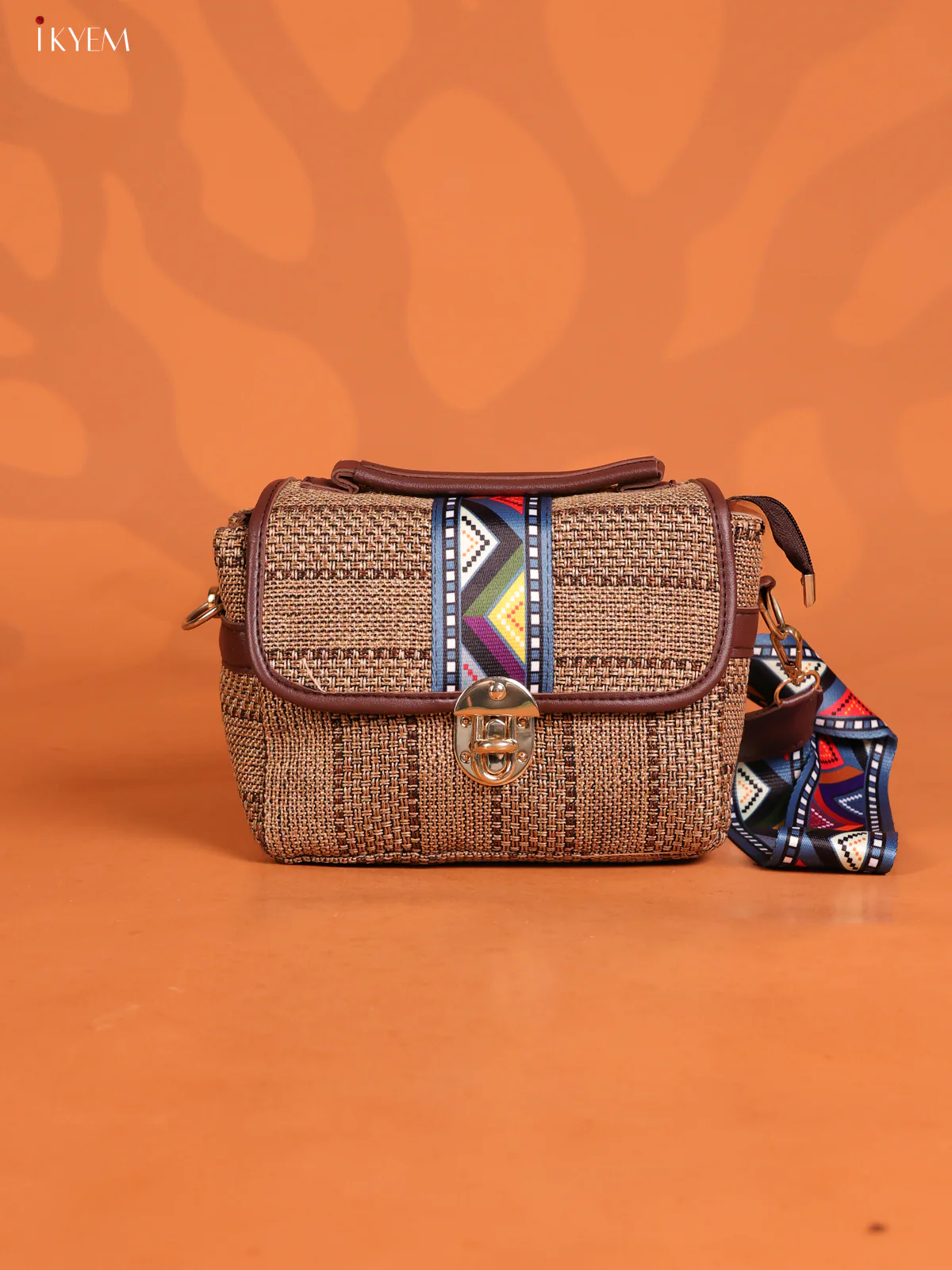 Jacquard Gusset & Flap Printed Sling bag with 2 Compartments - Coffee Brown - KD26844