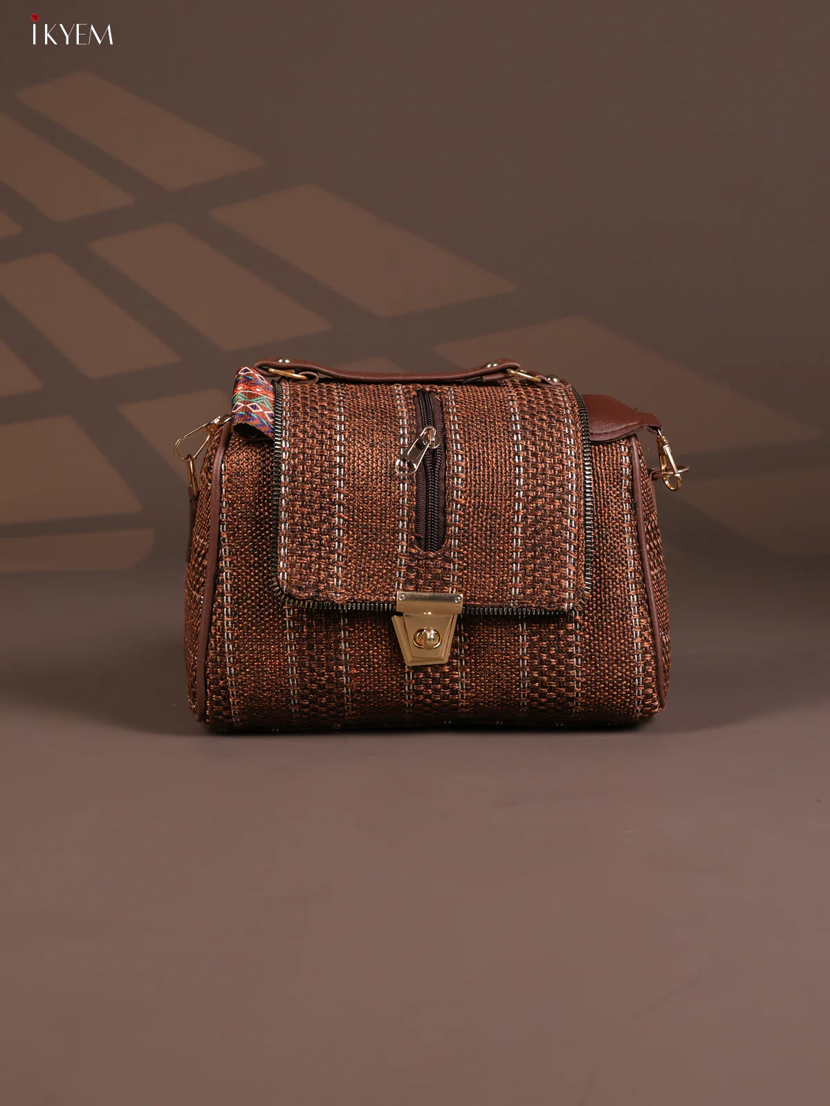 Jacquard Gusset & Flap Printed Sling bag with 4 Compartments - Coffee Brown - KD26847