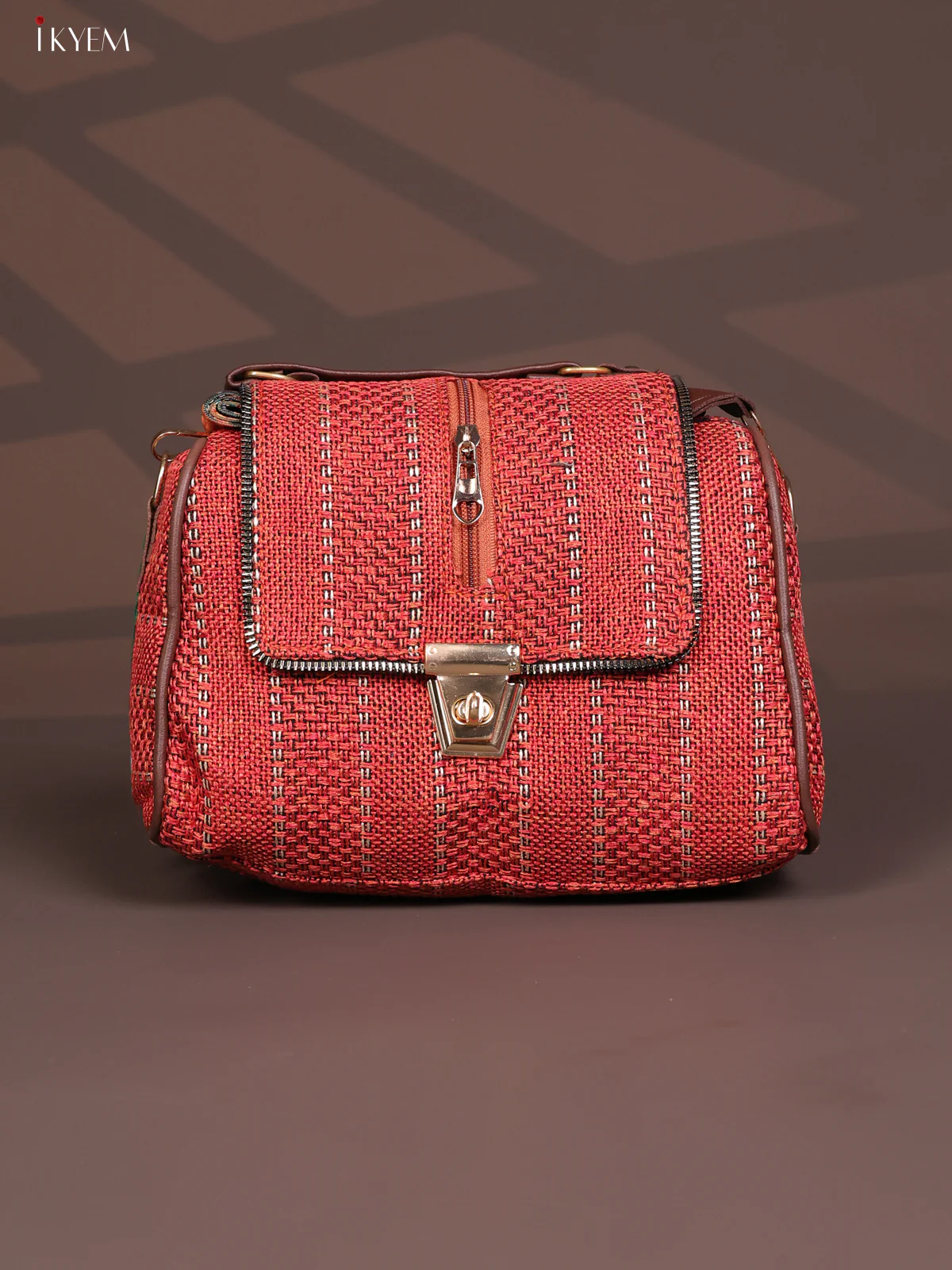 Jacquard Gusset & Flap Printed Sling bag with 4 Compartments - Red - KD26850