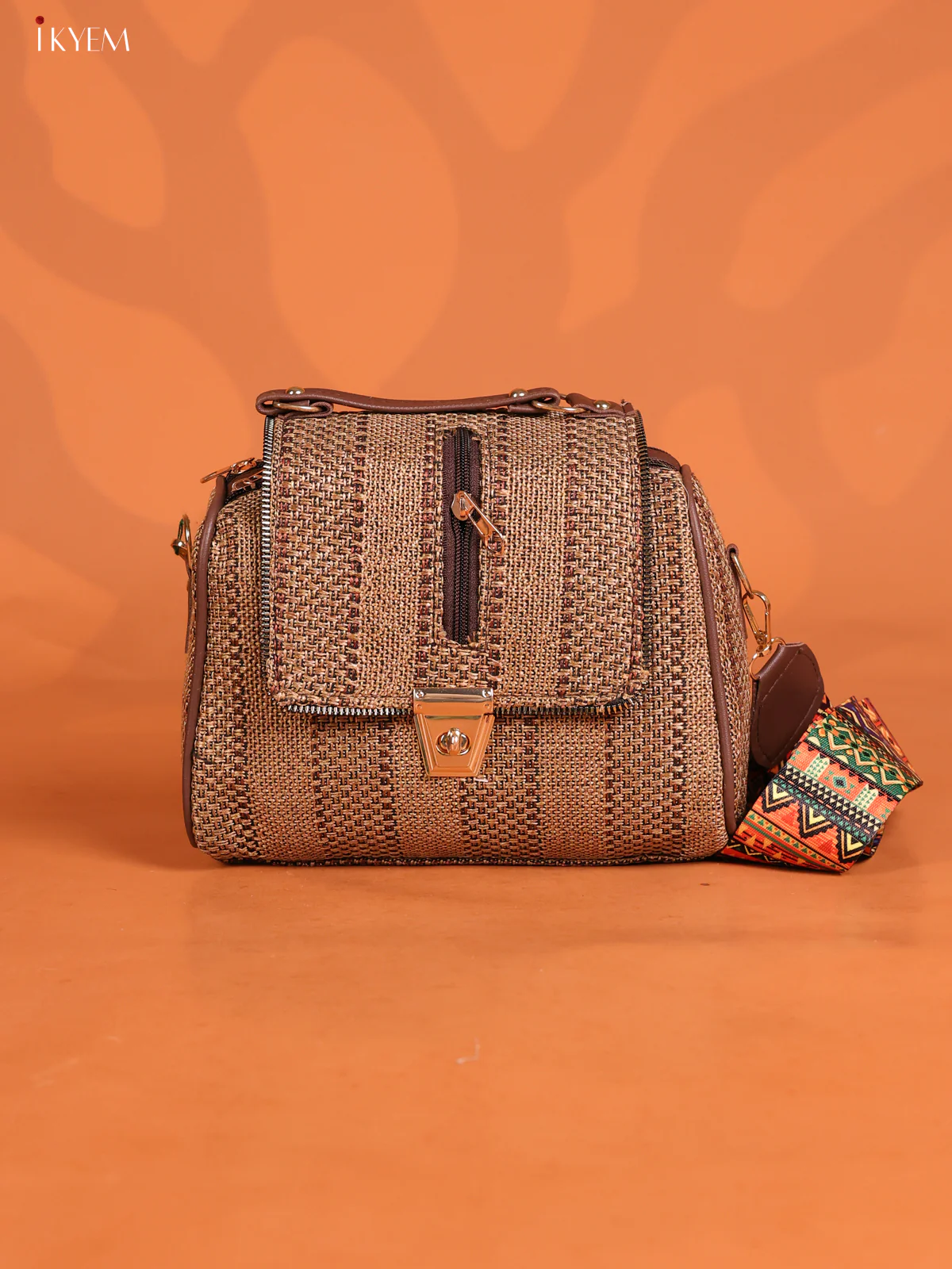 Jacquard Gusset & Flap Printed Sling bag with 4 Compartments - Brown - KD26851