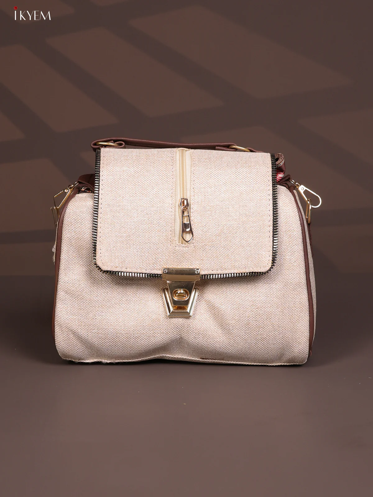 Jacquard Gusset & Flap Printed Sling bag with 4 Compartments - Off White - KD26852
