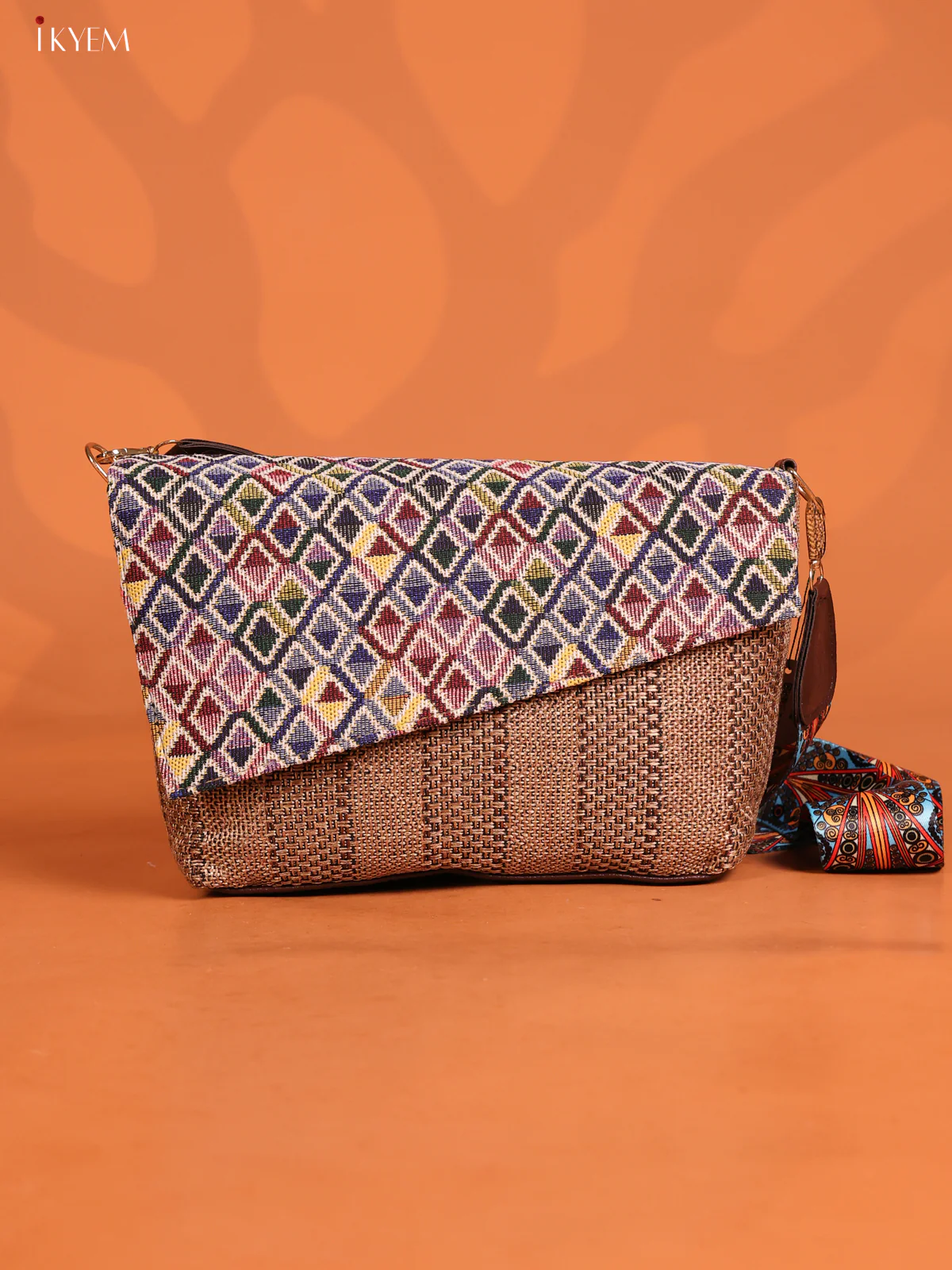 Jacquard Geometric Printed Sling Bag with 3 compartments - Brown - KD26861