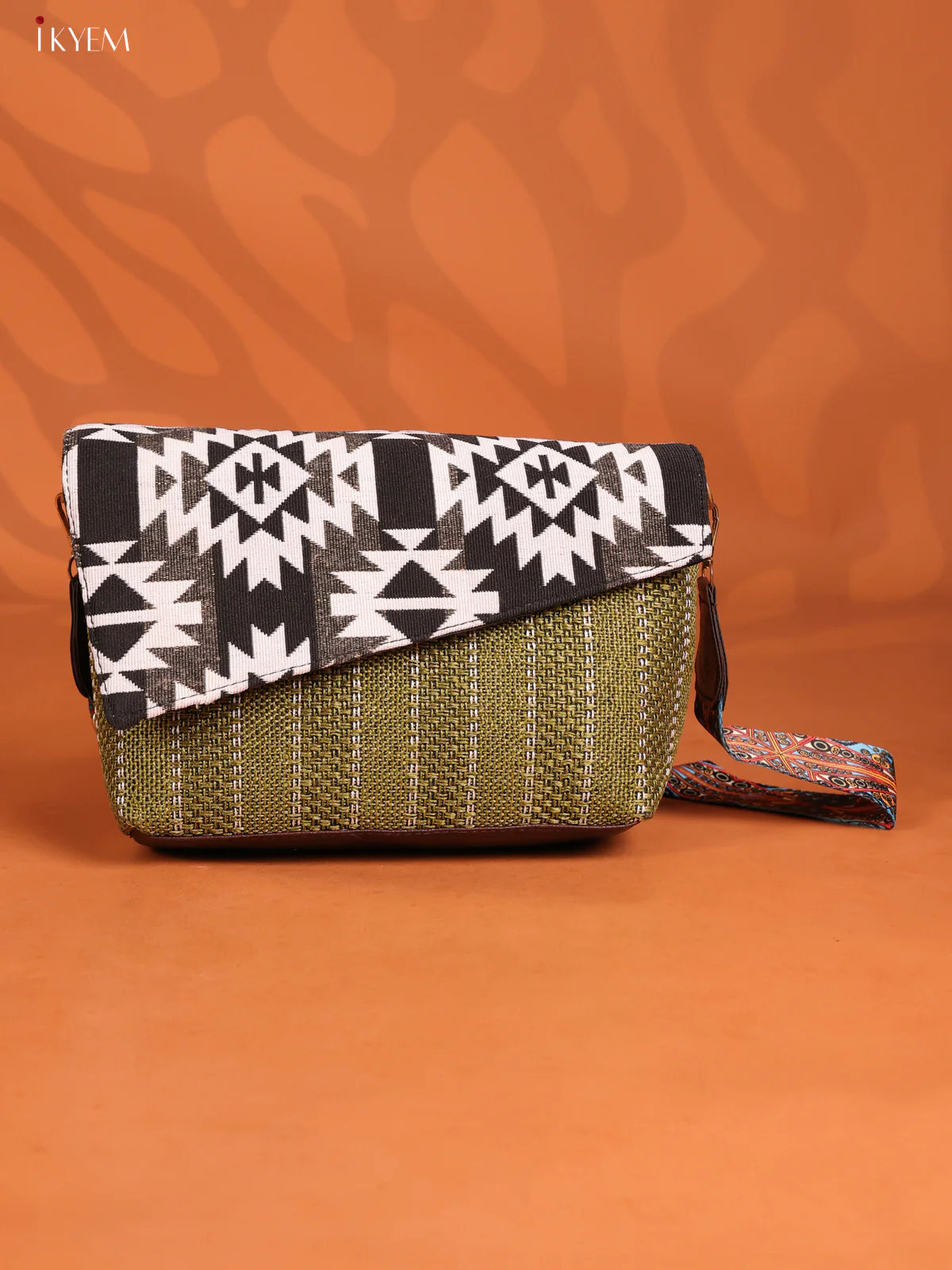 Jacquard Ikat Printed Sling Bag with 3 compartments - Green - KD26862