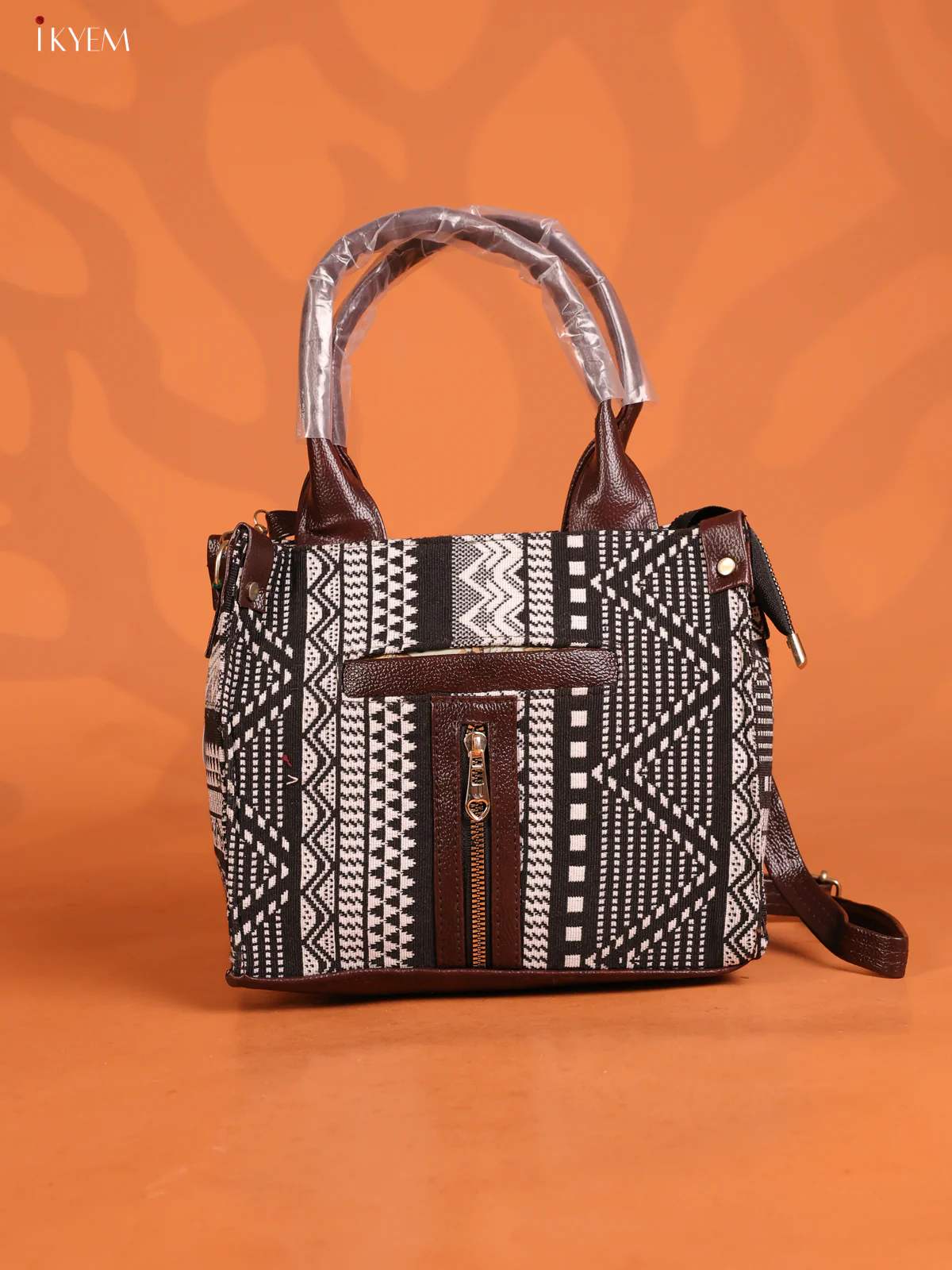 Jacquard Geometric Handbag 2 compartments & 1 pocket - Black with Sandal - KD26872