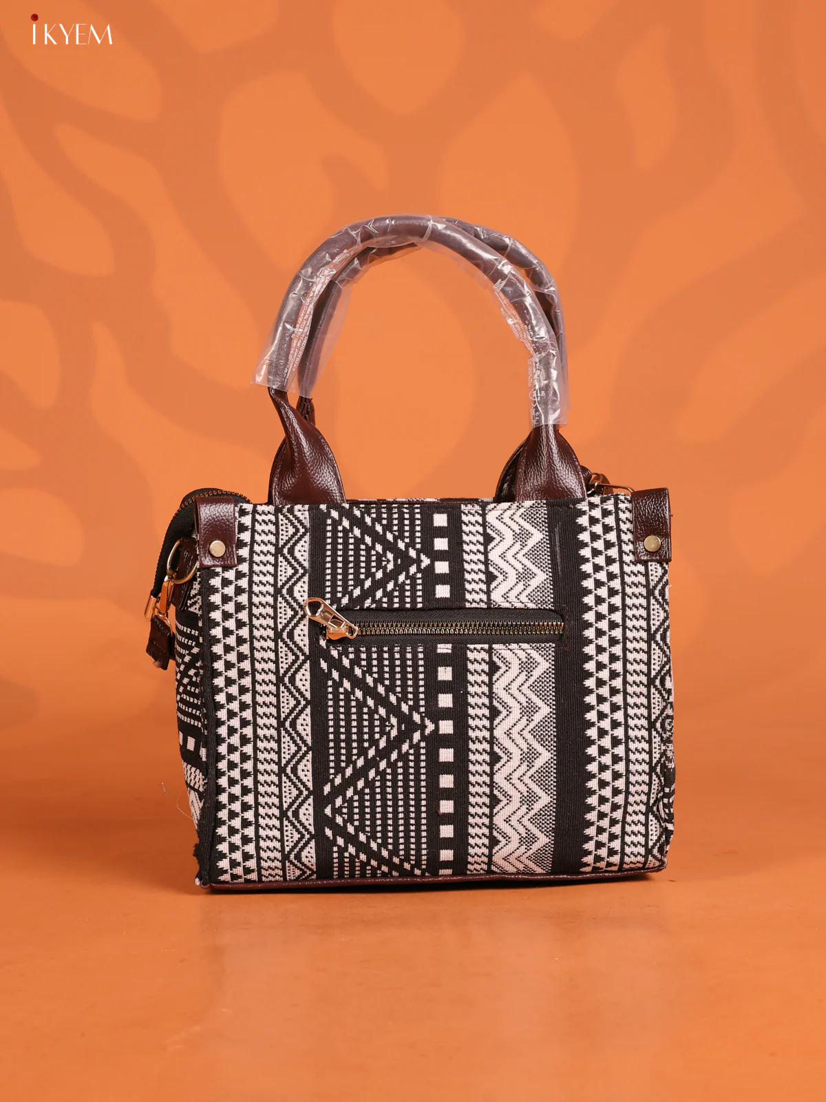 Jacquard Geometric Handbag 2 compartments & 1 pocket - Black with Sandal - KD26872 - Image 2