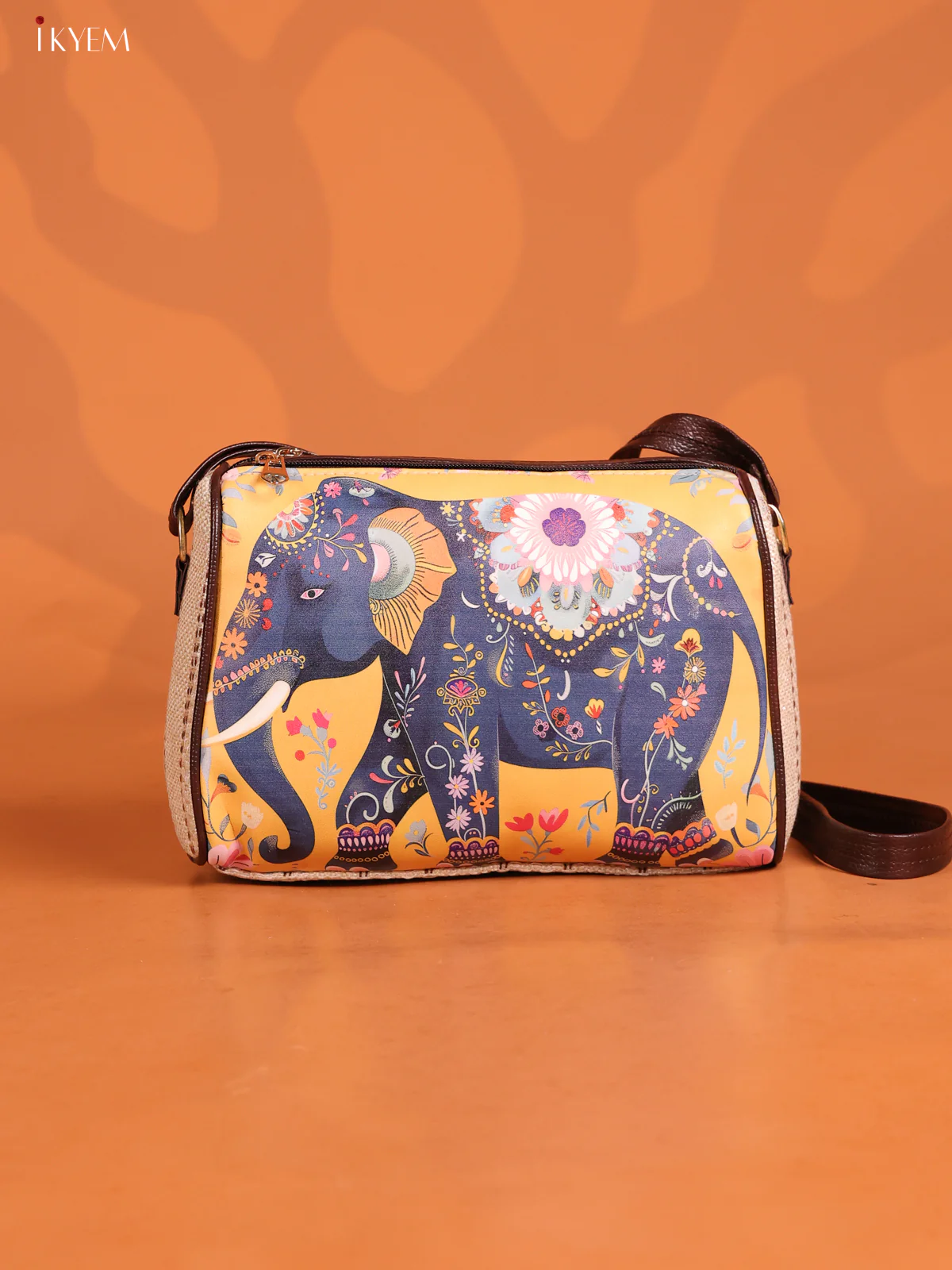 Jacquard Elephant printed Leather Sling bag with 3 compartments - Yellow