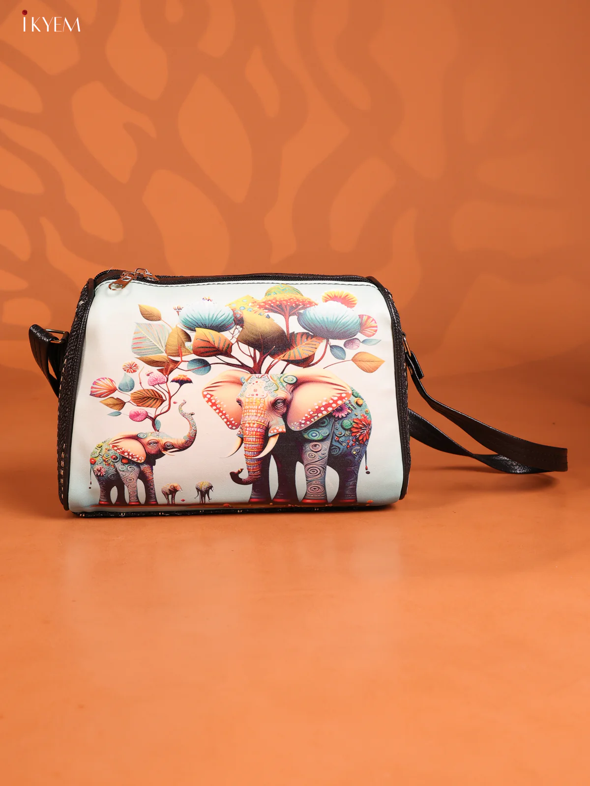 Jacquard Elephant printed Leather Sling bag with 3 compartments- Green - KD26876
