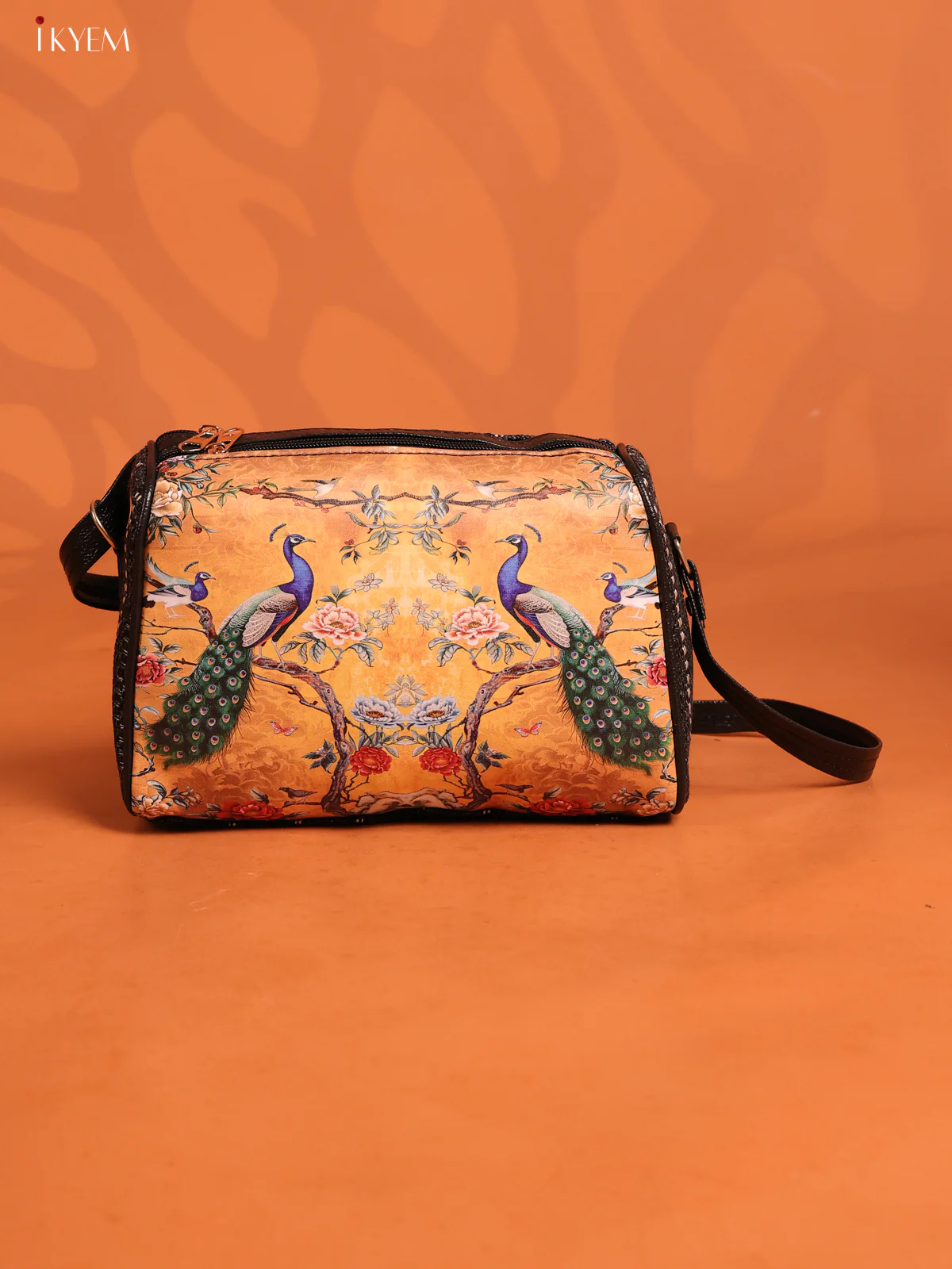 Jacquard peacock printed Leather Sling bag with 3 compartments- Yellow - KD26878