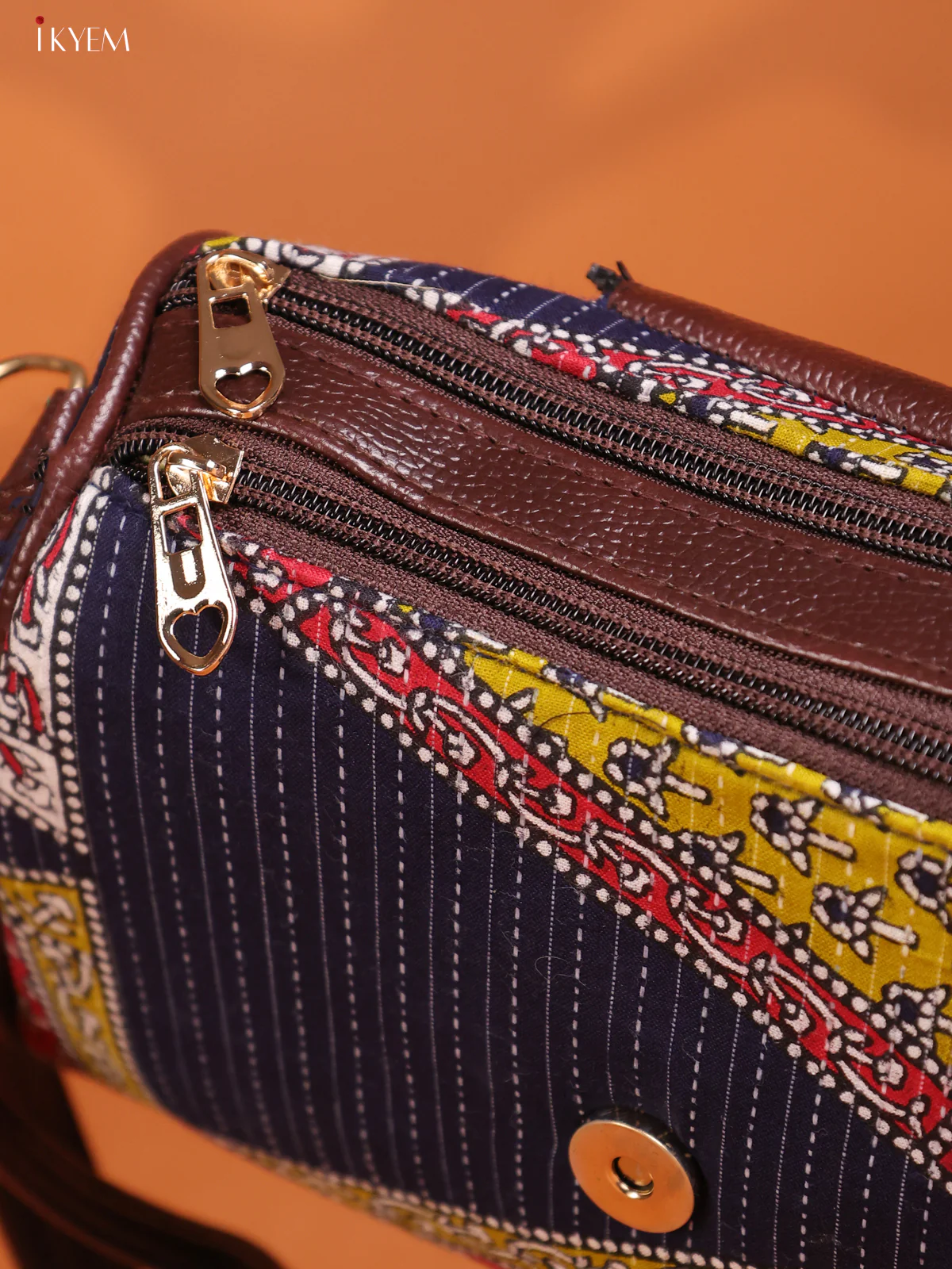 Jacquard Ikat Printed Leather Sling bag 3 Compartments - Navy Blue - KD26883 - Image 3