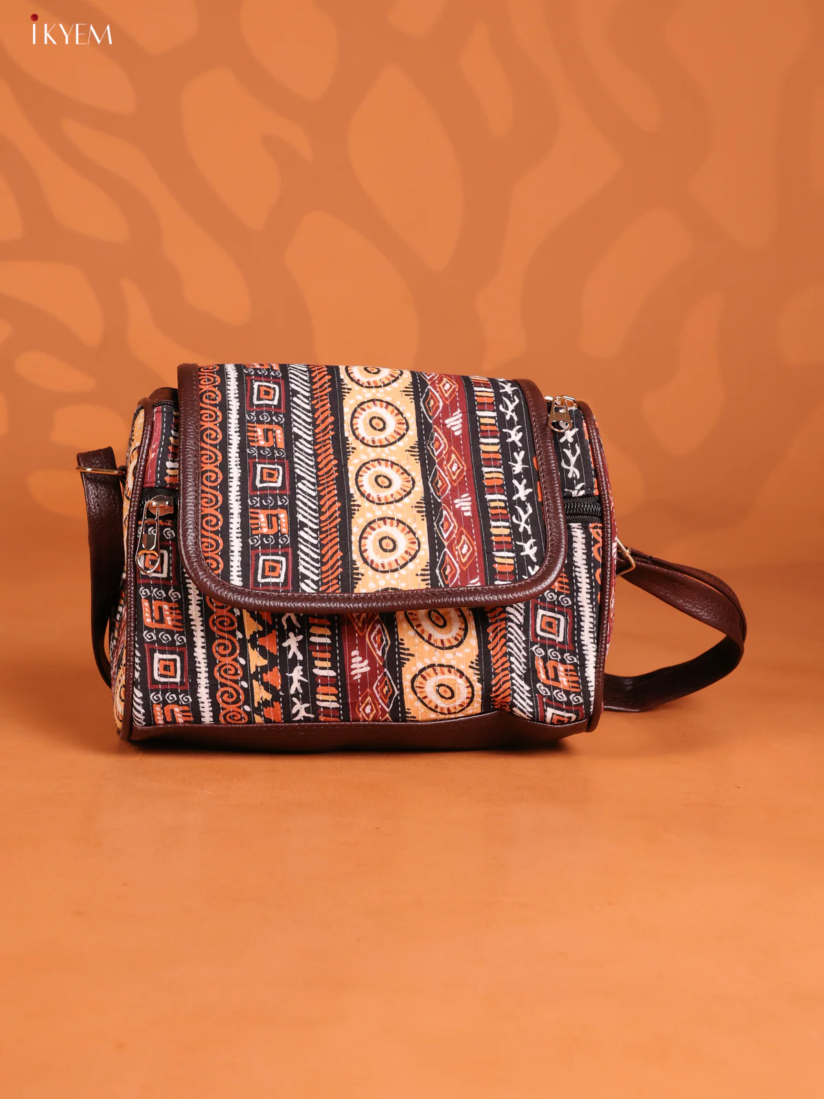 Printed Leather Sling Bag with 3 Compartments - Multicolour - KD26884