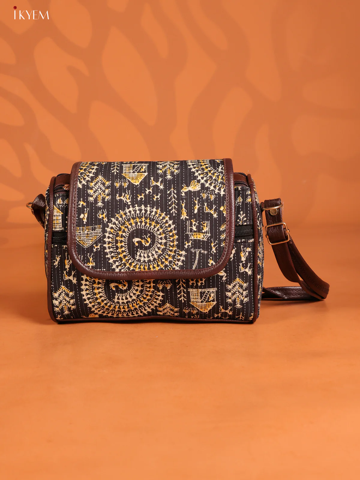 Warli Printed Leather Sling Bag with 3 Compartments - Black - KD26885
