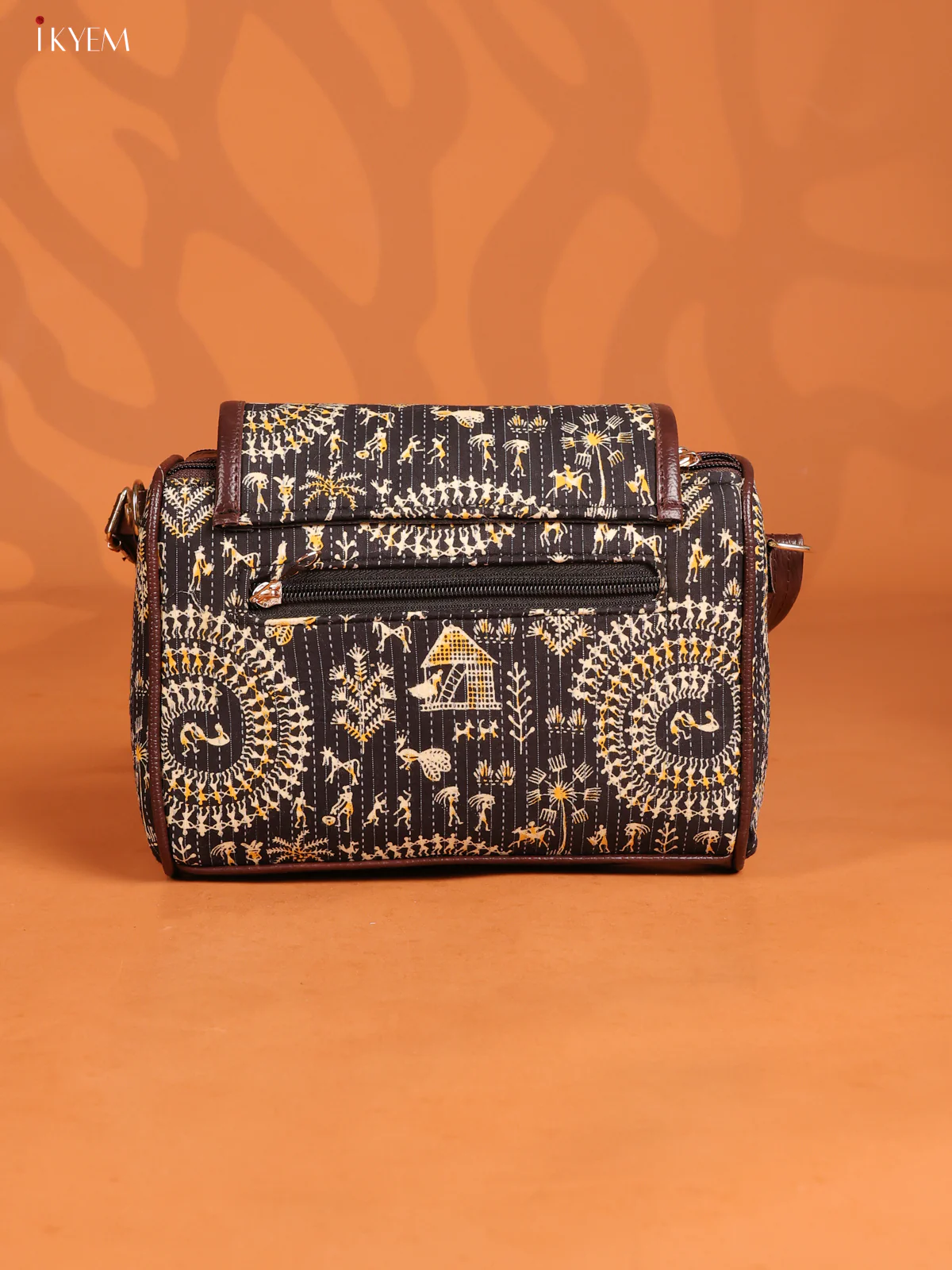 Warli Printed Leather Sling Bag with 3 Compartments - Black - KD26885 - Image 2