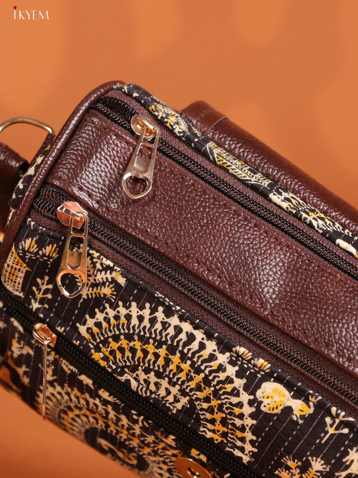 Warli Printed Leather Sling Bag with 3 Compartments - Black - KD26885 - Image 3