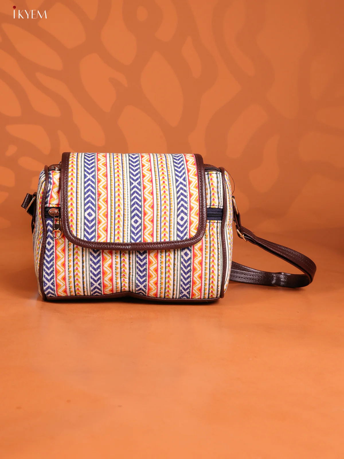 Ikat Printed Leather Sling Bag with 3 Compartments - Multicolour - KD26889