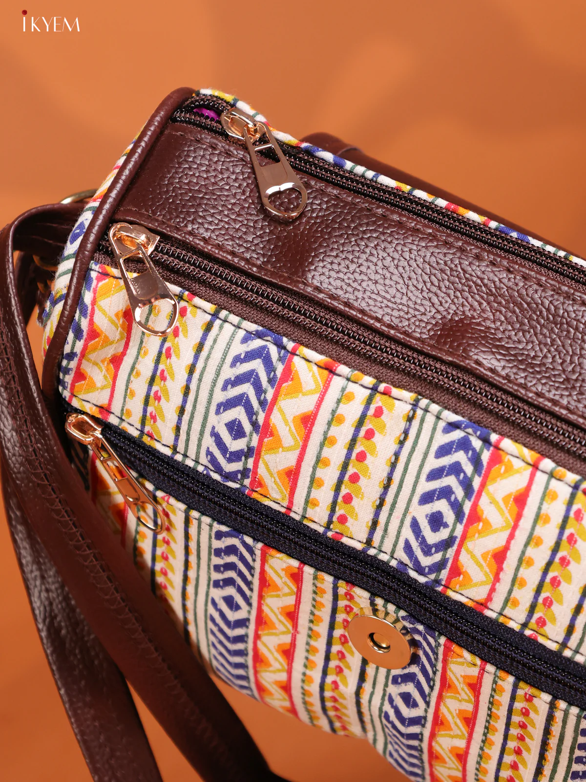 Ikat Printed Leather Sling Bag with 3 Compartments - Multicolour - KD26889 - Image 3