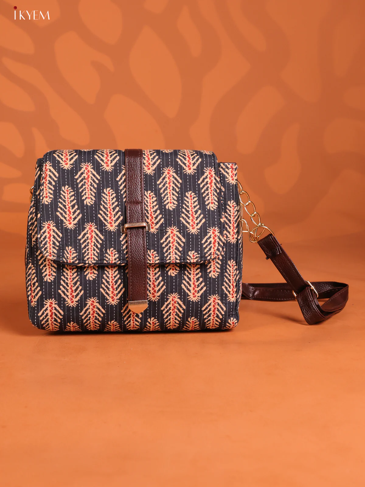 Cotton Ikat Printed Leather sling Bag with 3 compartments- Navy Blue with Red - KD26893