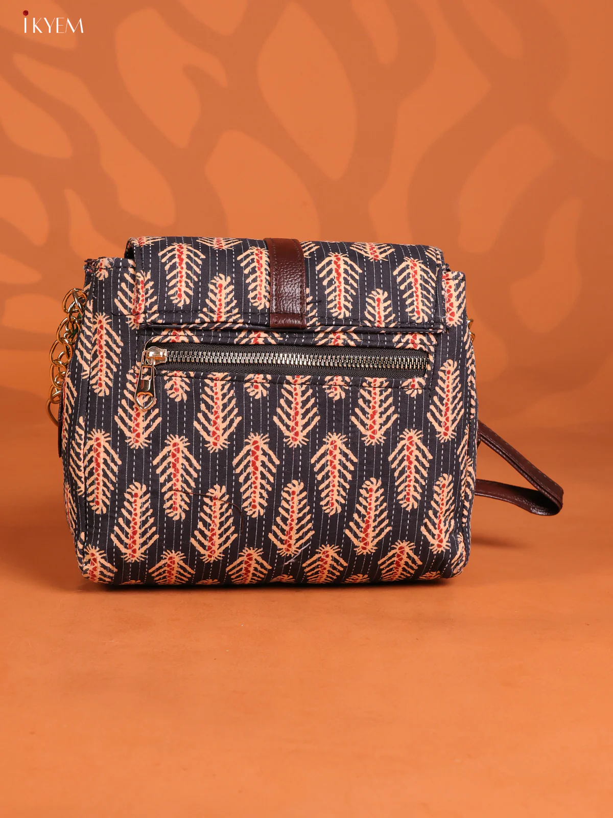 Cotton Ikat Printed Leather sling Bag with 3 compartments- Navy Blue with Red - KD26893 - Image 2