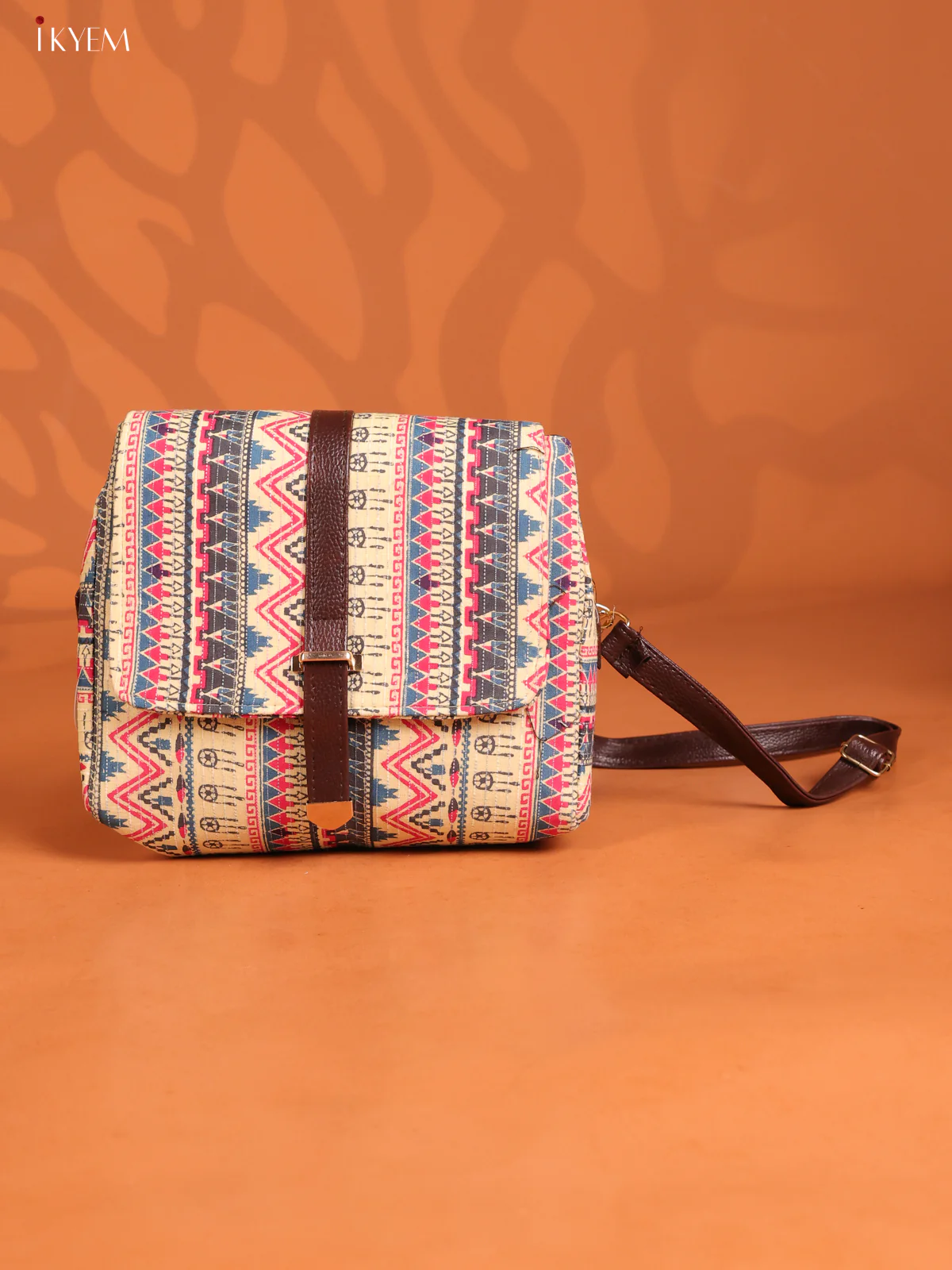 Jacquard geometric printed Leather sling Bag with 3 compartments - Multicolour - KD26894