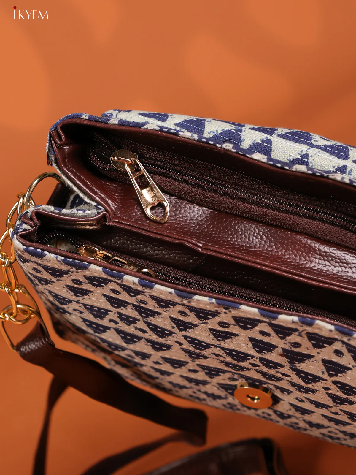 Jacquard Ikat Printed sling bag with 3 compartments- Navy Blue -KD26895 - Image 3