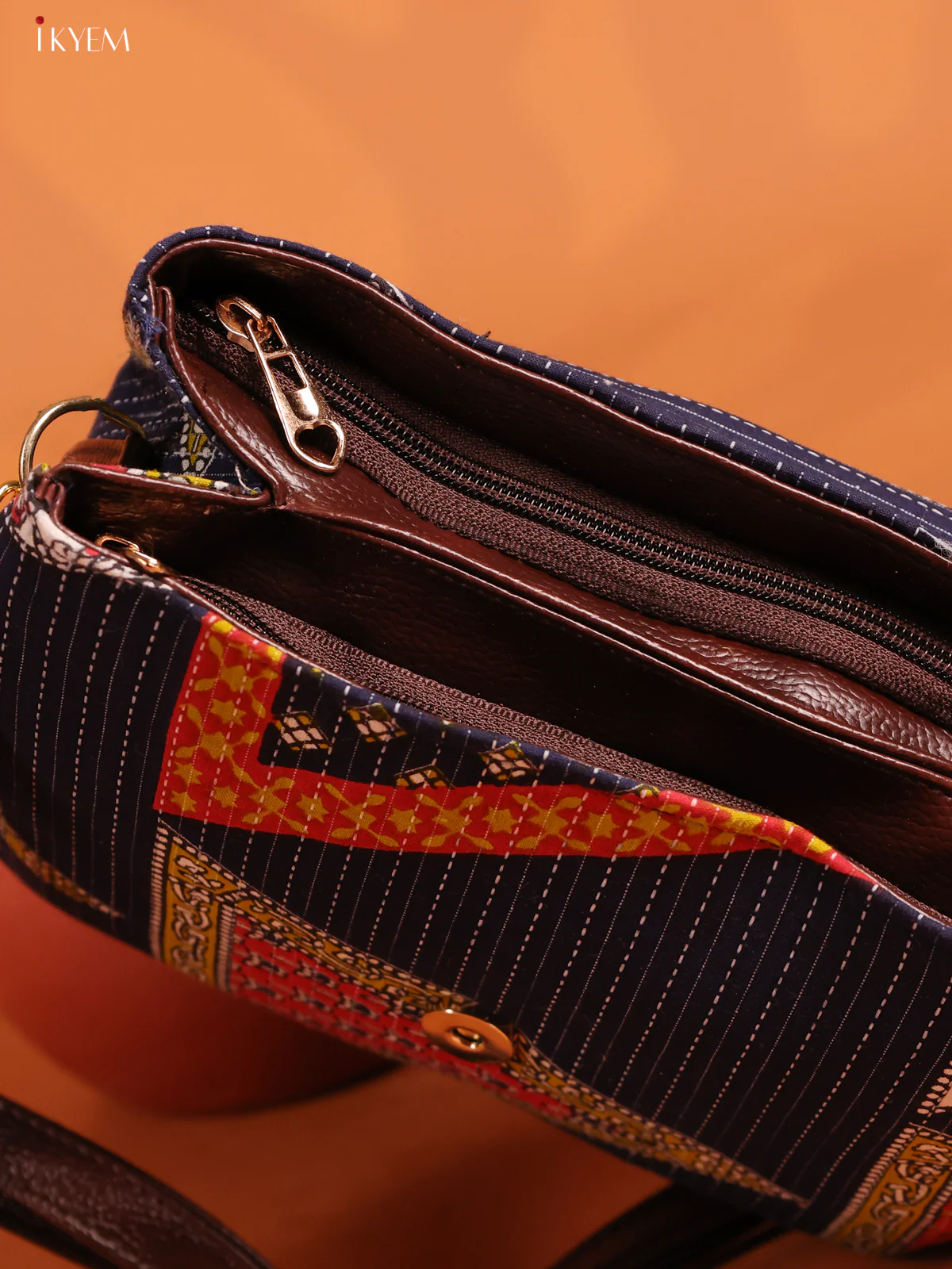 Cotton Ikat Printed Leather sling Bag with 3 compartments- Dark Blue - KD26897 - Image 3