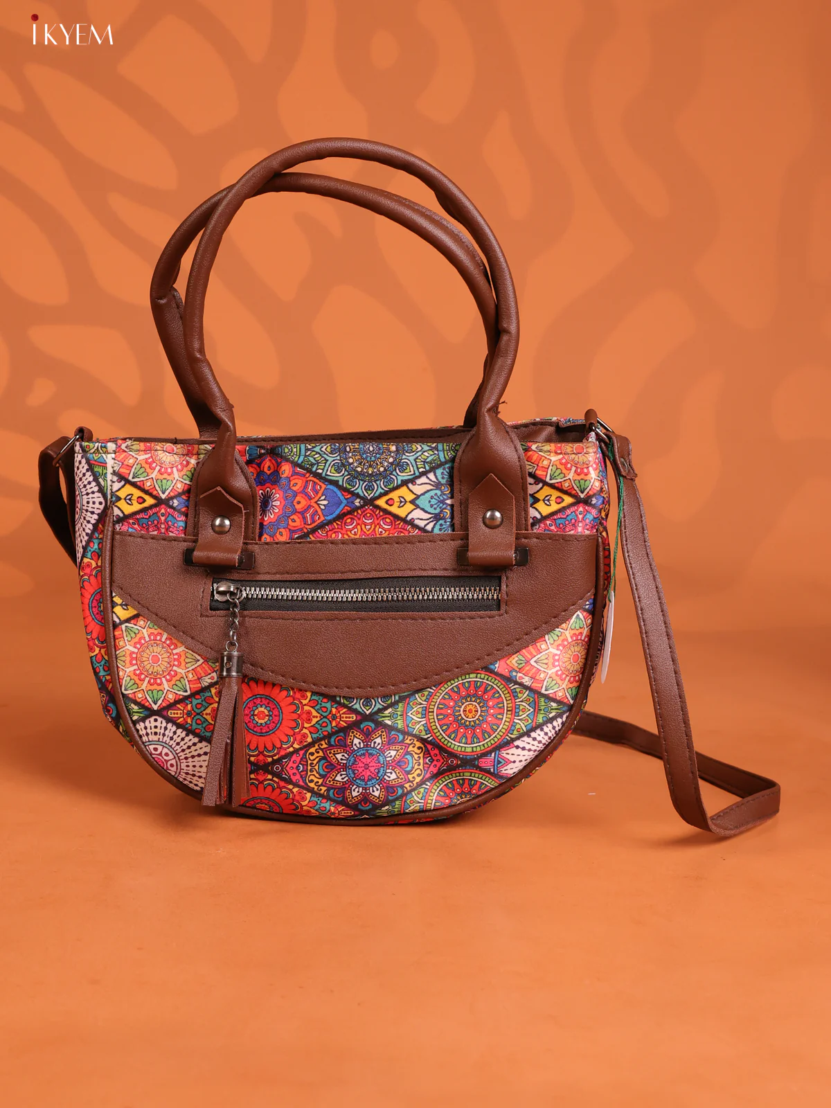 Printed Mandala Art Leather Sling Bag with 4 compartments - Multicolour - KD26898