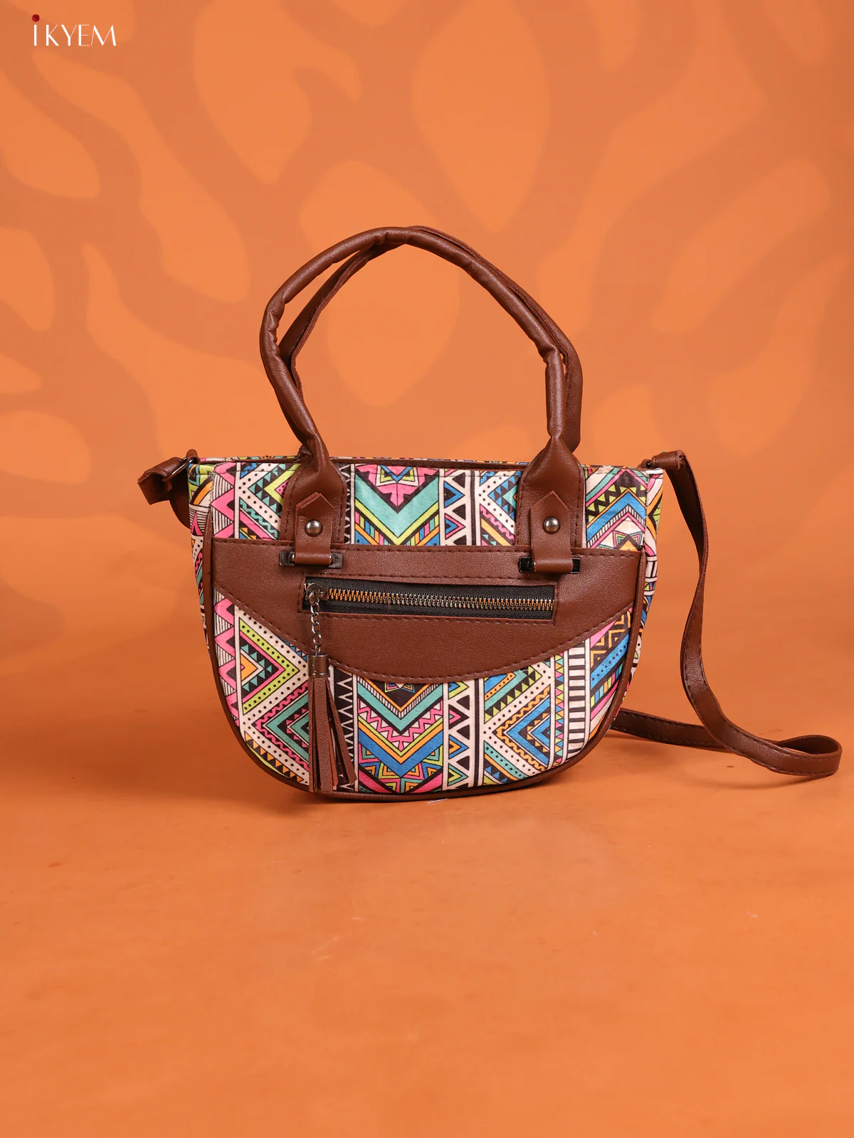 Geometric Printed Leather Sling Bag with 4 compartments - Multicolour -KD26902