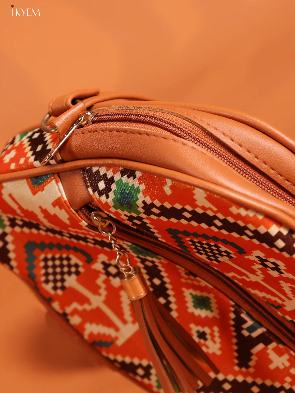 Patola Triangle Printed Leather Sling Bag with 3 compartments - Orange - KD26906 - Image 3