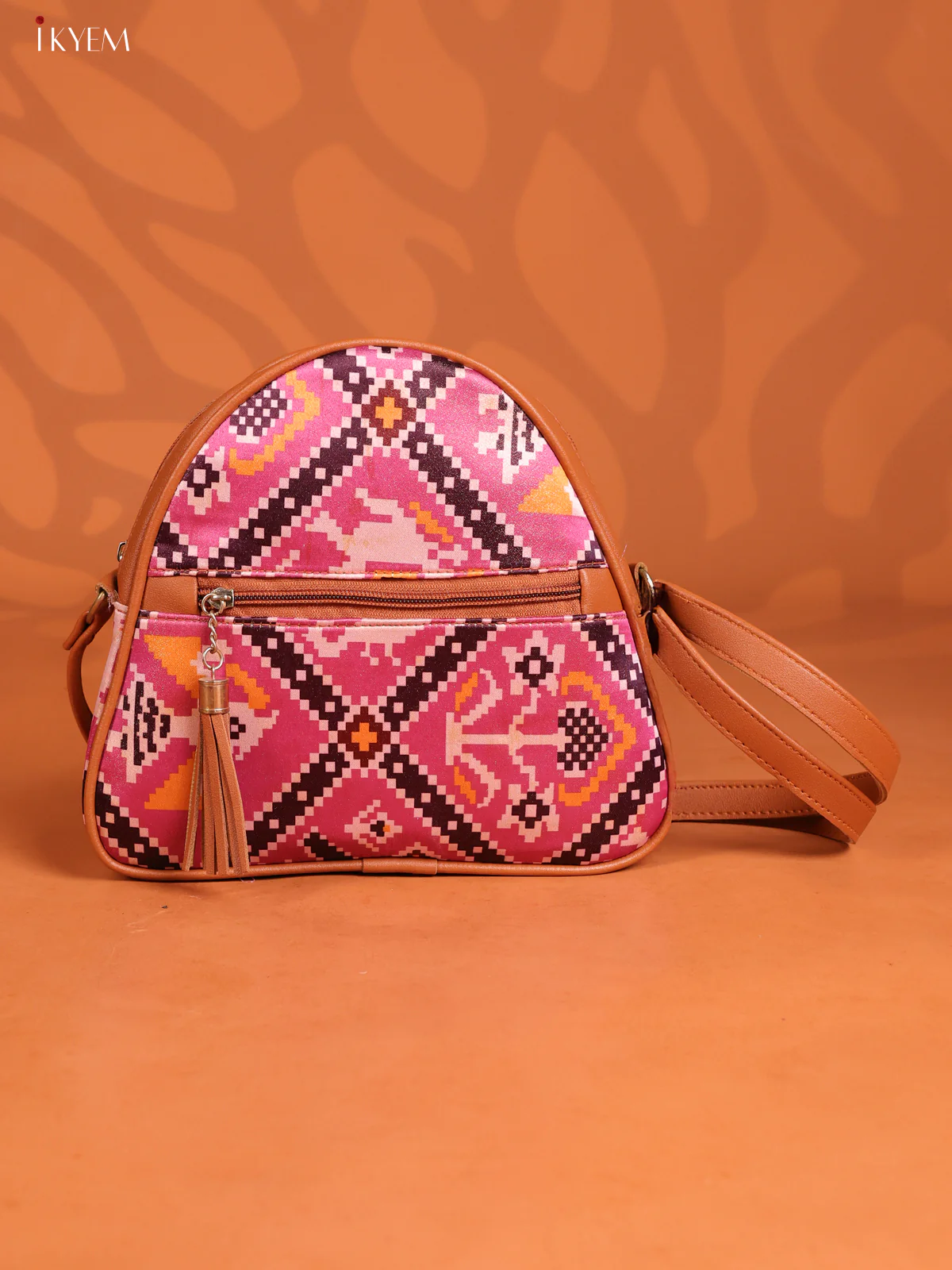 Patola Triangle Printed Leather Sling Bag with 3 compartments - Pink - KD26909