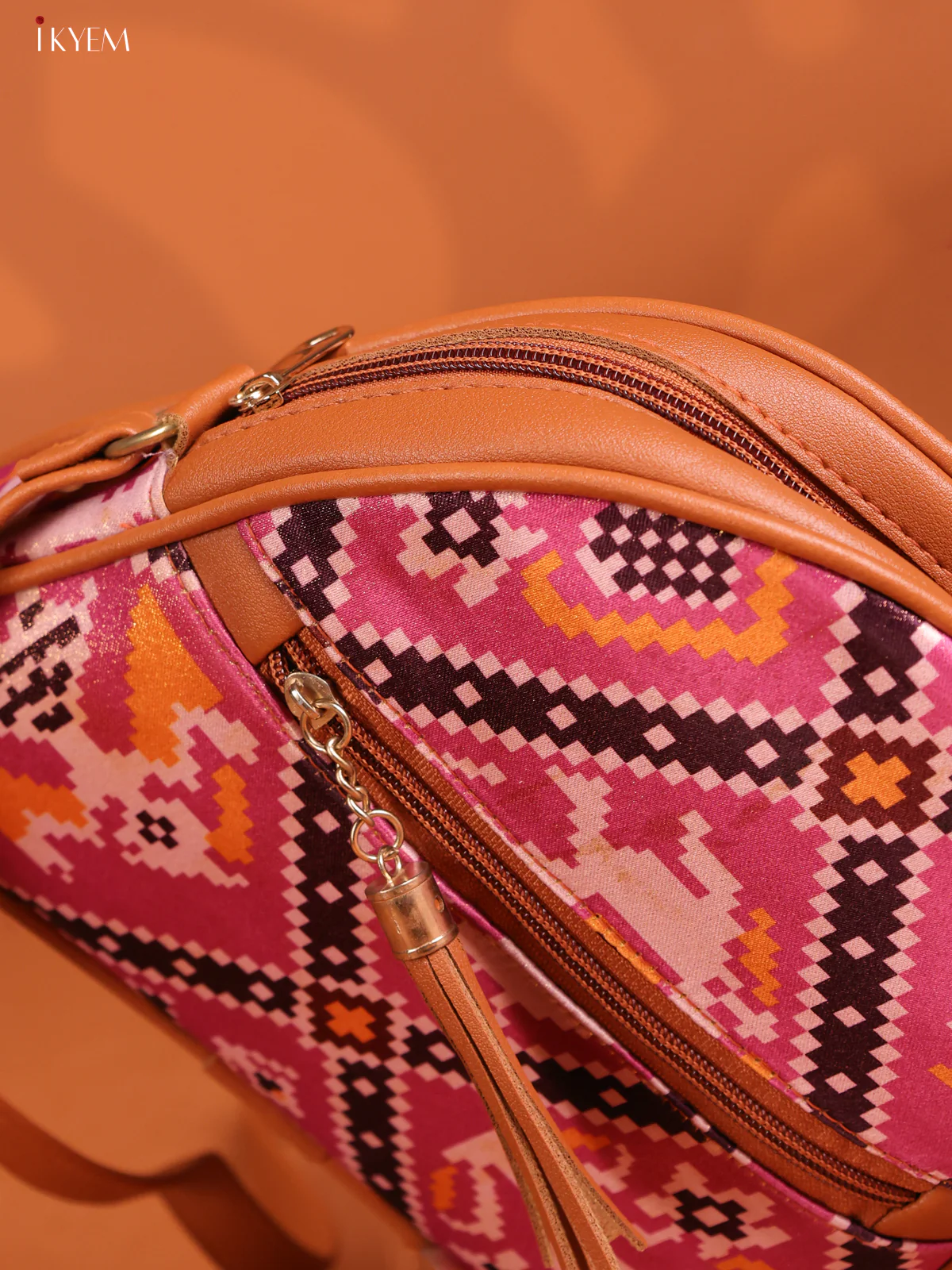 Patola Triangle Printed Leather Sling Bag with 3 compartments - Pink - KD26909 - Image 3