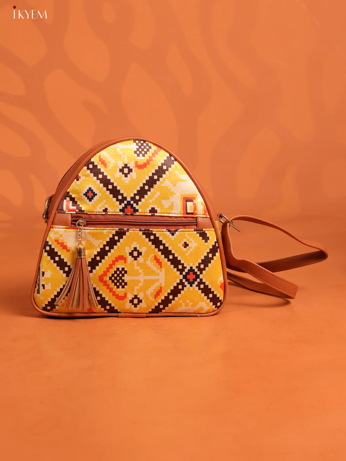 Patola Triangle Printed Leather Sling Bag with 3 compartments - Yellow - KD26910