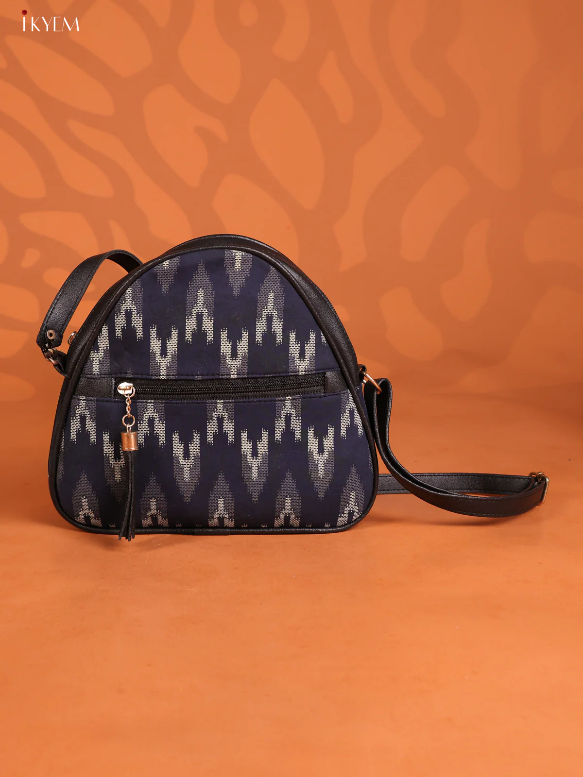 Cotton Triangle Ikat Printed Leather Sling Bag with 3 compartments - Blue - KD26911